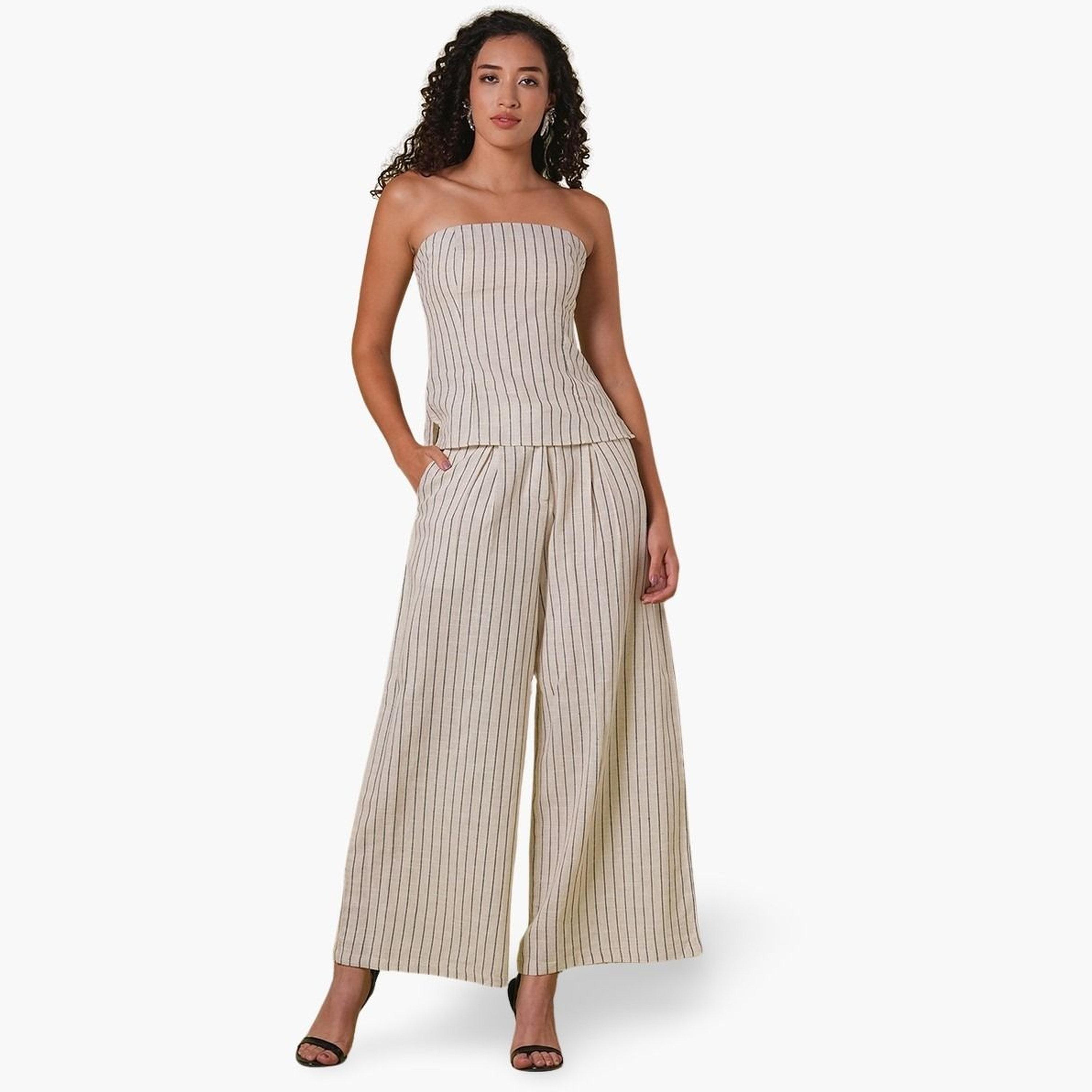 غلوبوص × ستايلي - بلوزة مخططة مع بنطال واسع الساق-women-clothing-coordsets-image-1