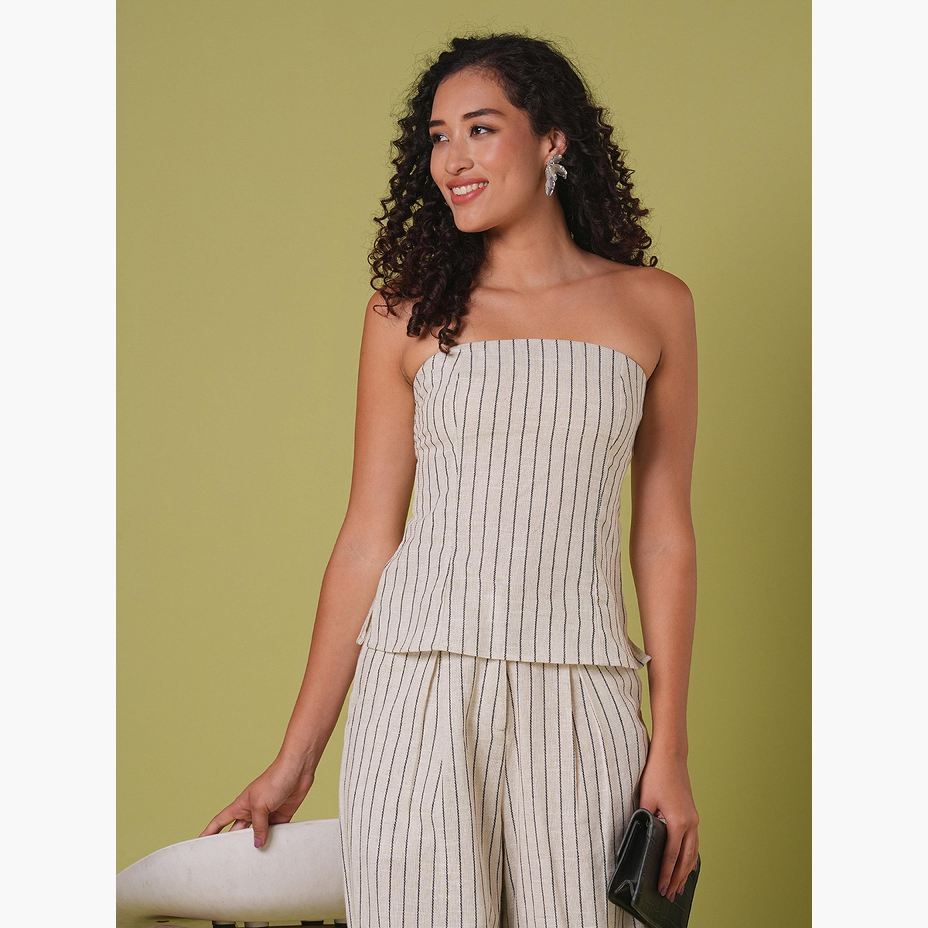 غلوبوص × ستايلي - بلوزة مخططة مع بنطال واسع الساق-women-clothing-coordsets-image-4