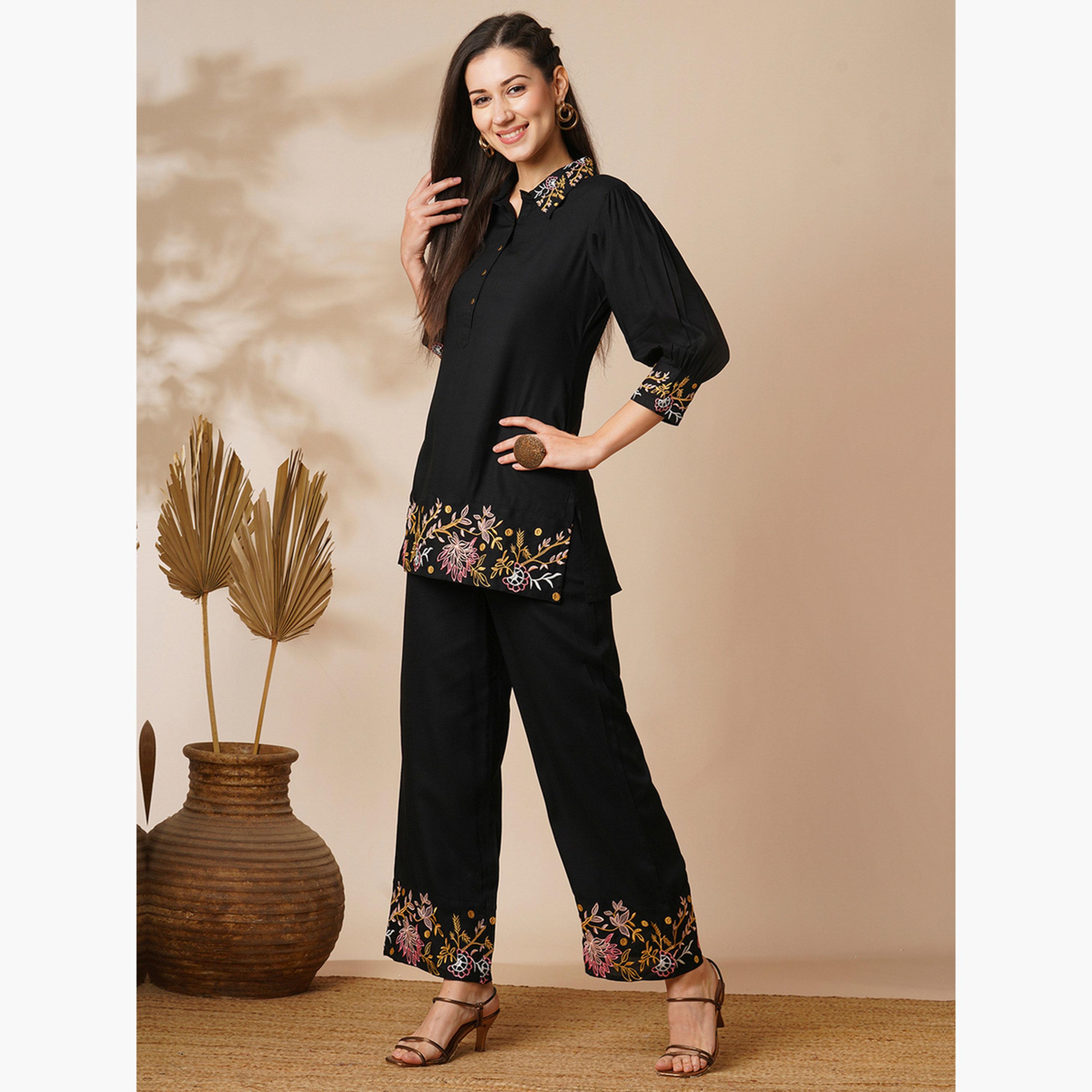 Globus X Styli Floral Embroidered Shirt Top and Pants Fusion Co-Ords-women-clothing-coordsets-image-2