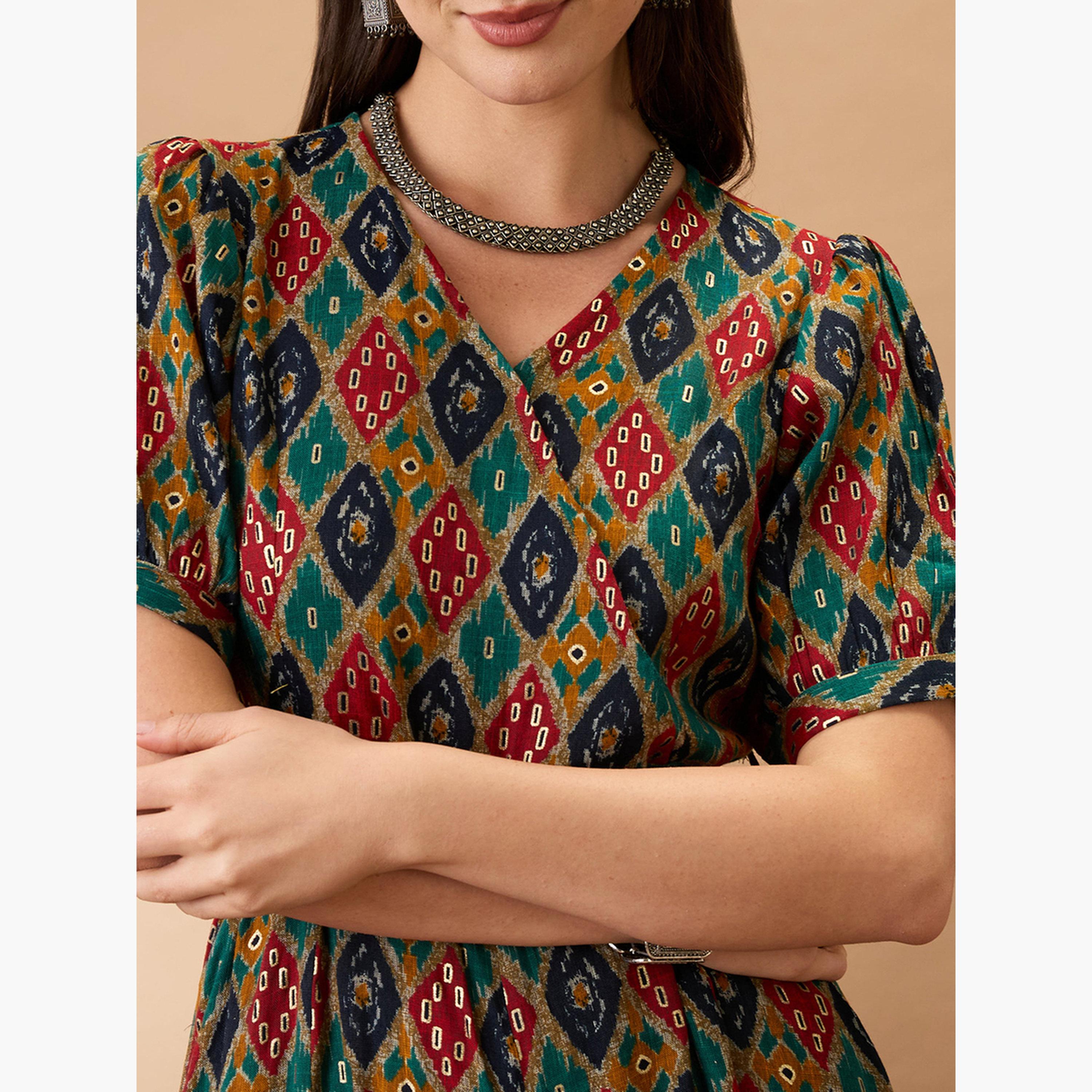 Globus X Styli Ethnic Motifs Print Flared Wide Leg Fusion Jumpsuit-women-clothing-jumpsuits-image-4