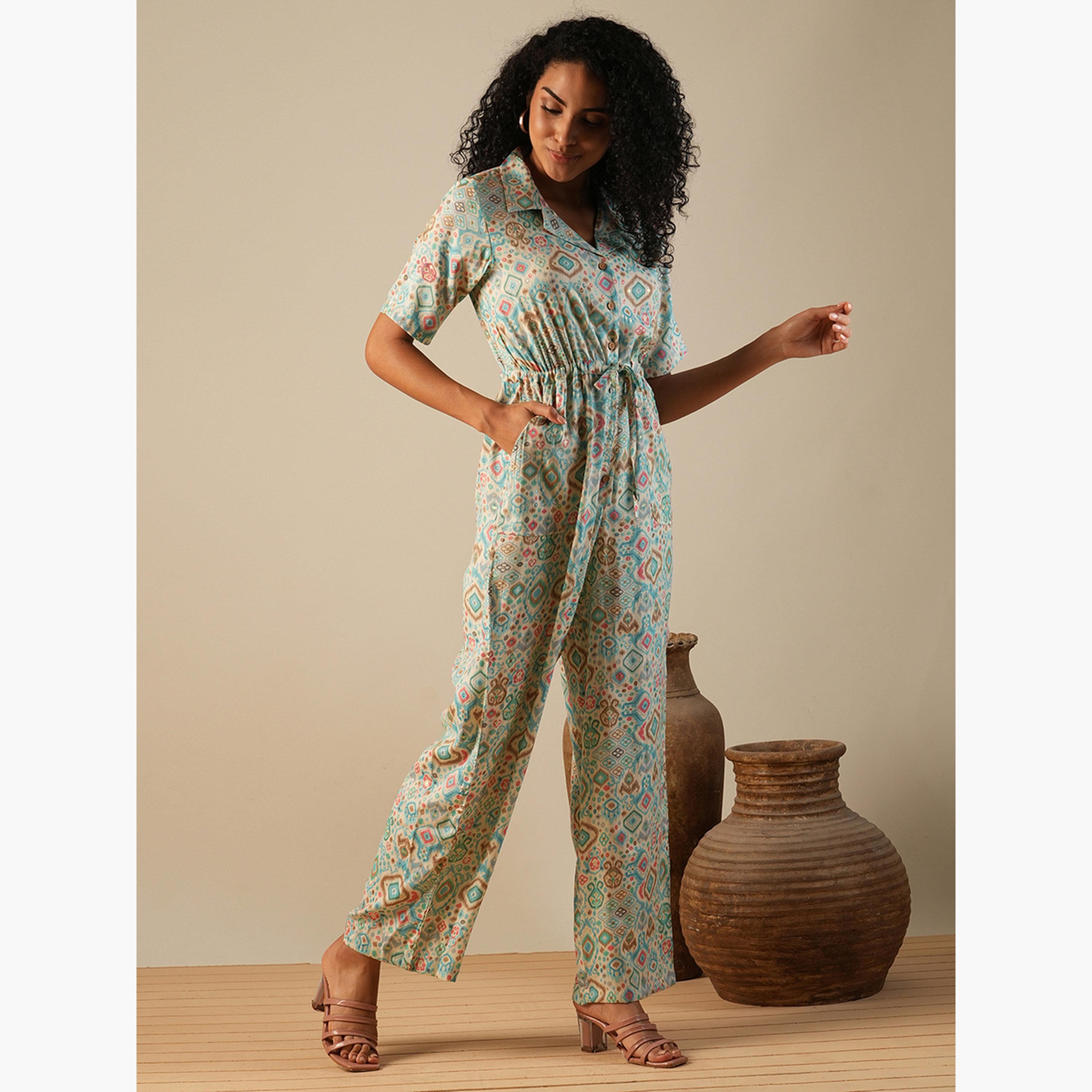 Globus X Styli Geometric Print Waist Tie-Up Fusion Jumpsuit-women-clothing-jumpsuits-image-2