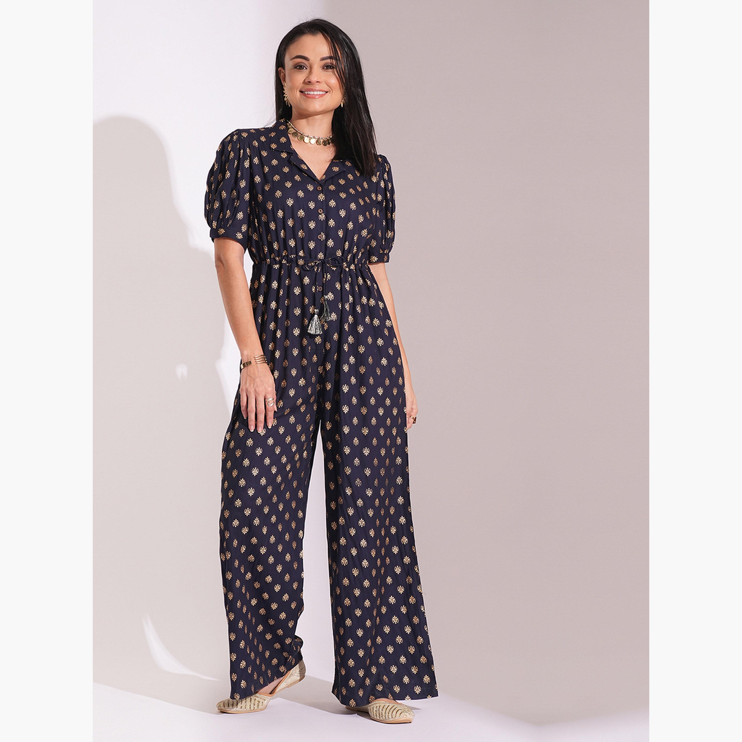 غلوبوص × ستايلي - جمبسوت مندمج بطبعة عرقية مع رباط على الخصر ومزين برقائق ذهبية-women-clothing-jumpsuits-image-1