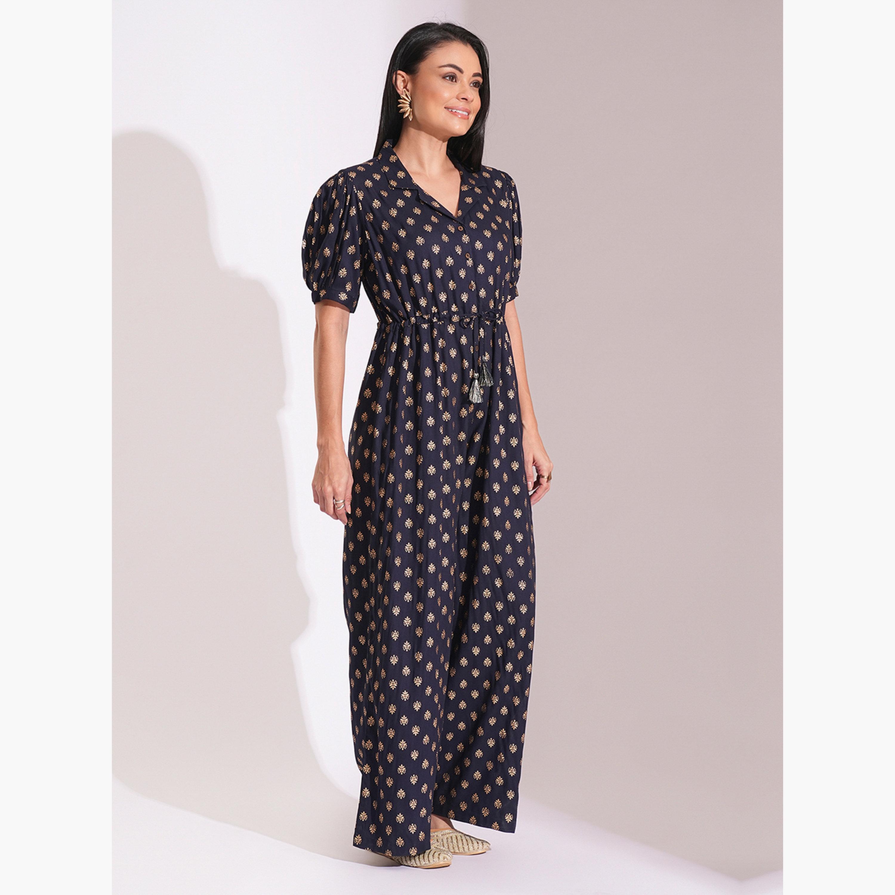 غلوبوص × ستايلي - جمبسوت مندمج بطبعة عرقية مع رباط على الخصر ومزين برقائق ذهبية-women-clothing-jumpsuits-image-2