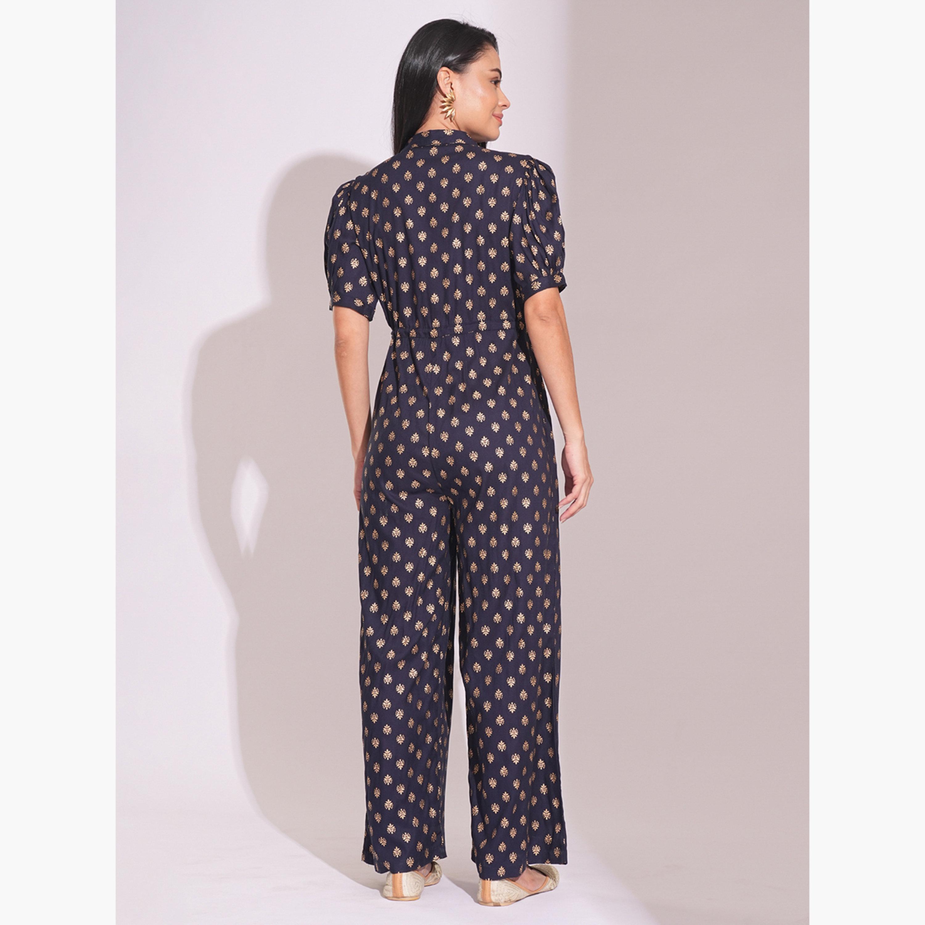 غلوبوص × ستايلي - جمبسوت مندمج بطبعة عرقية مع رباط على الخصر ومزين برقائق ذهبية-women-clothing-jumpsuits-image-3