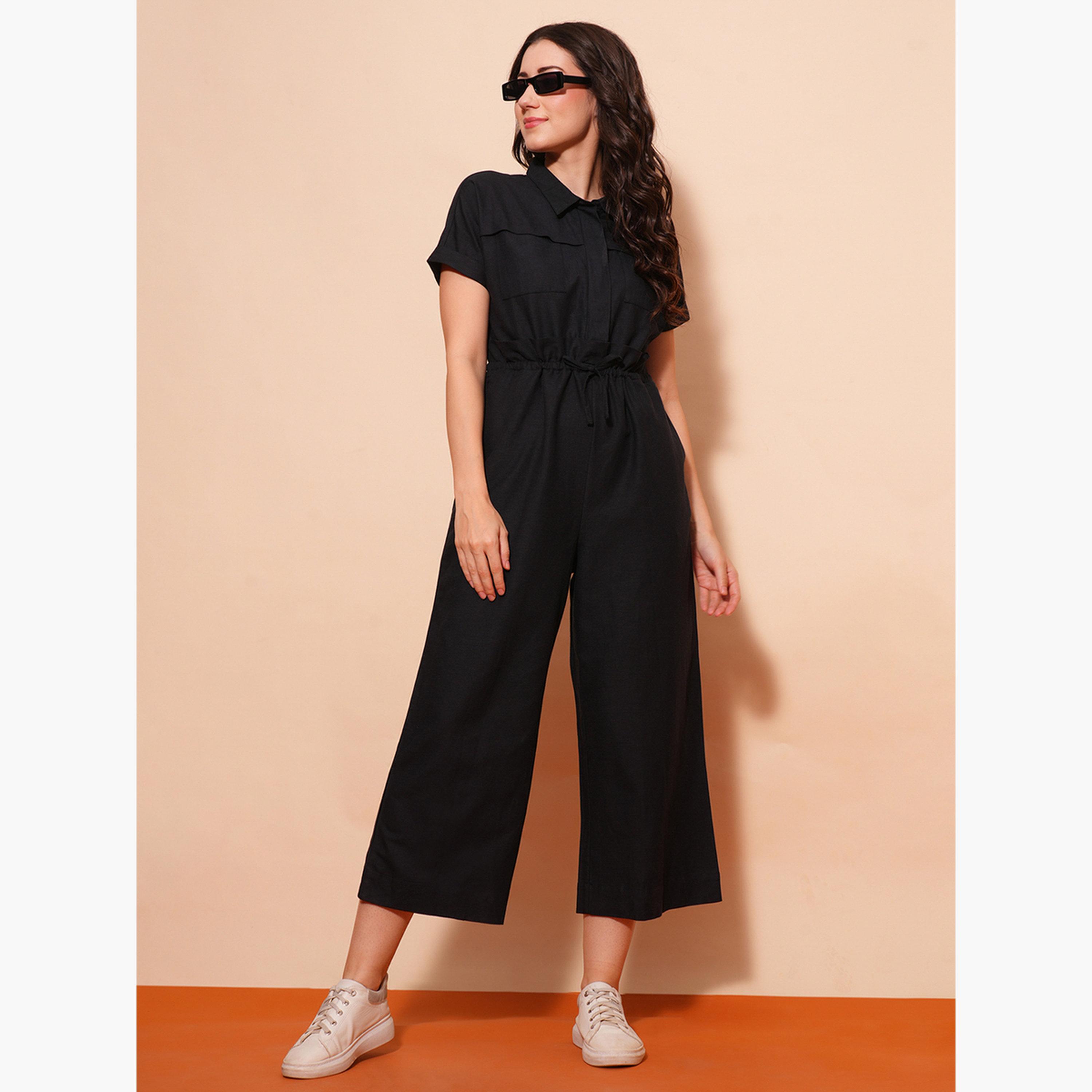 Globus X Styli Shirt Collar Waist Tie-Up Cargo Style Casual Jumpsuit-women-clothing-jumpsuits-image-2
