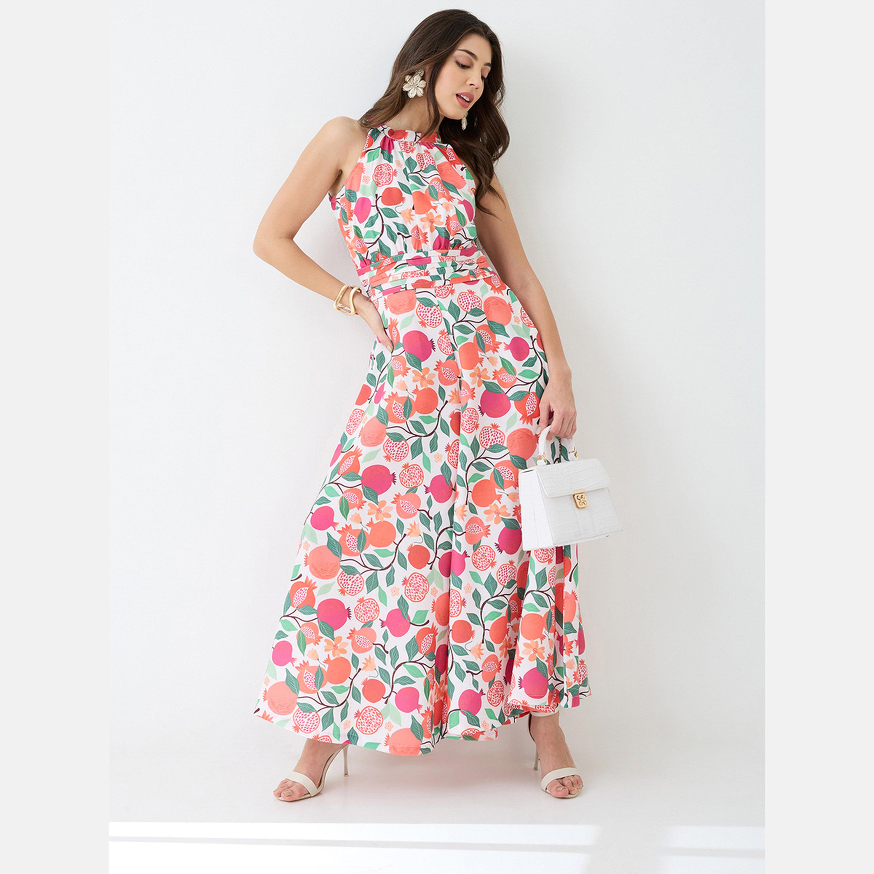 Globus X Styli Floral Fruit Print Pleated Detail Flared Fusion Jumpsuit-women-clothing-jumpsuits-image-1