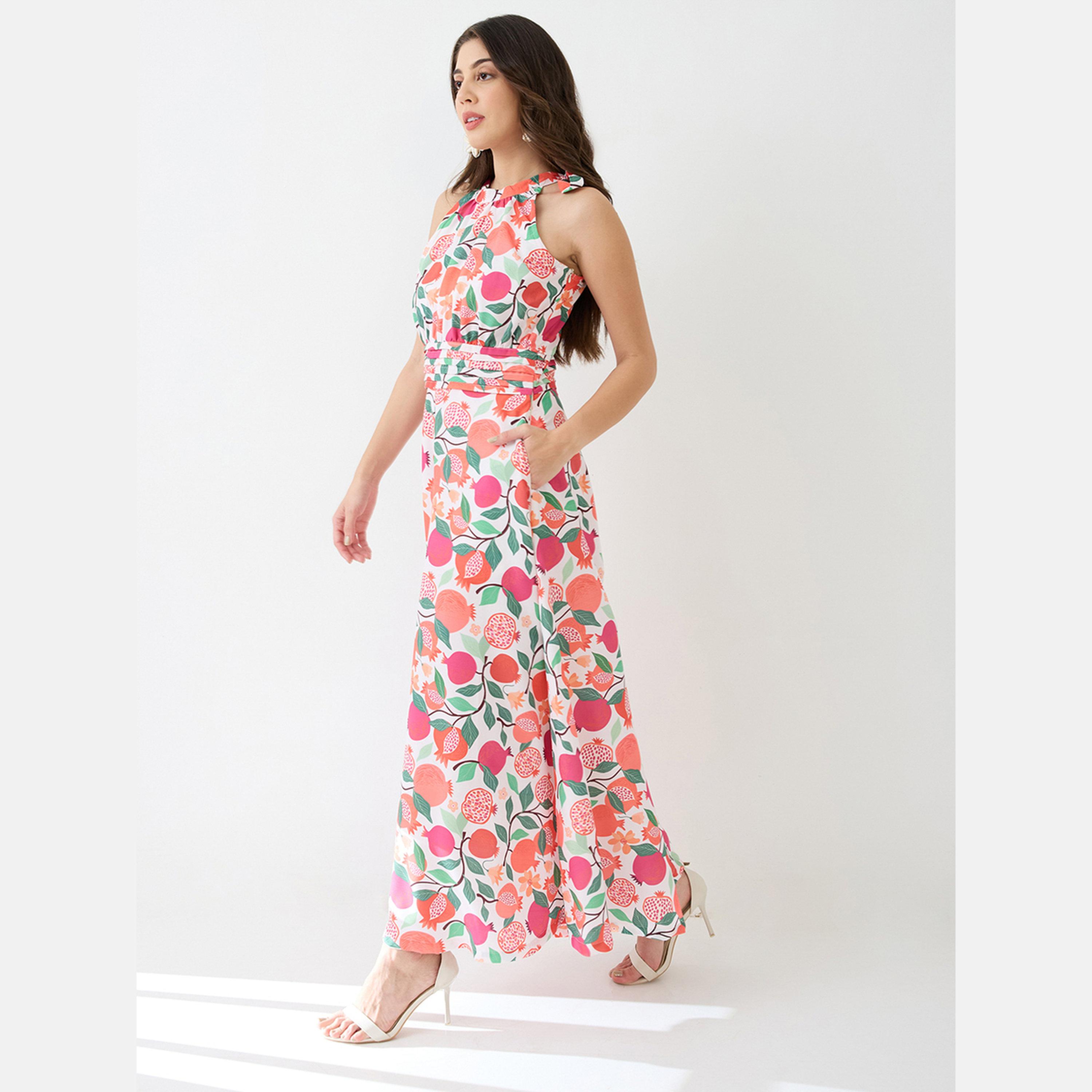 Globus X Styli Floral Fruit Print Pleated Detail Flared Fusion Jumpsuit-women-clothing-jumpsuits-image-2
