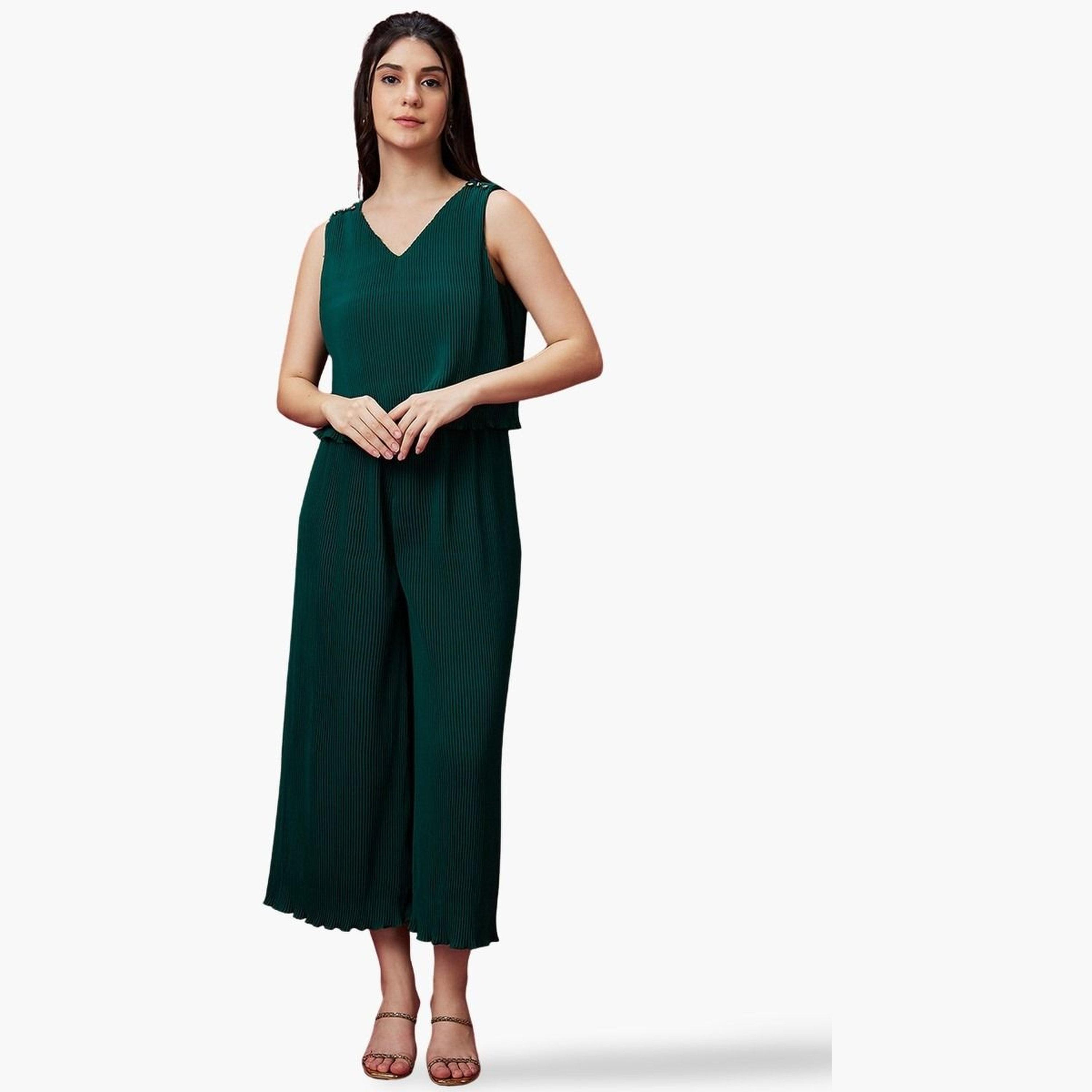 Globus X Styli V Neck Accordion Pleats Wide Leg Jumpsuit-women-clothing-jumpsuits-image-1