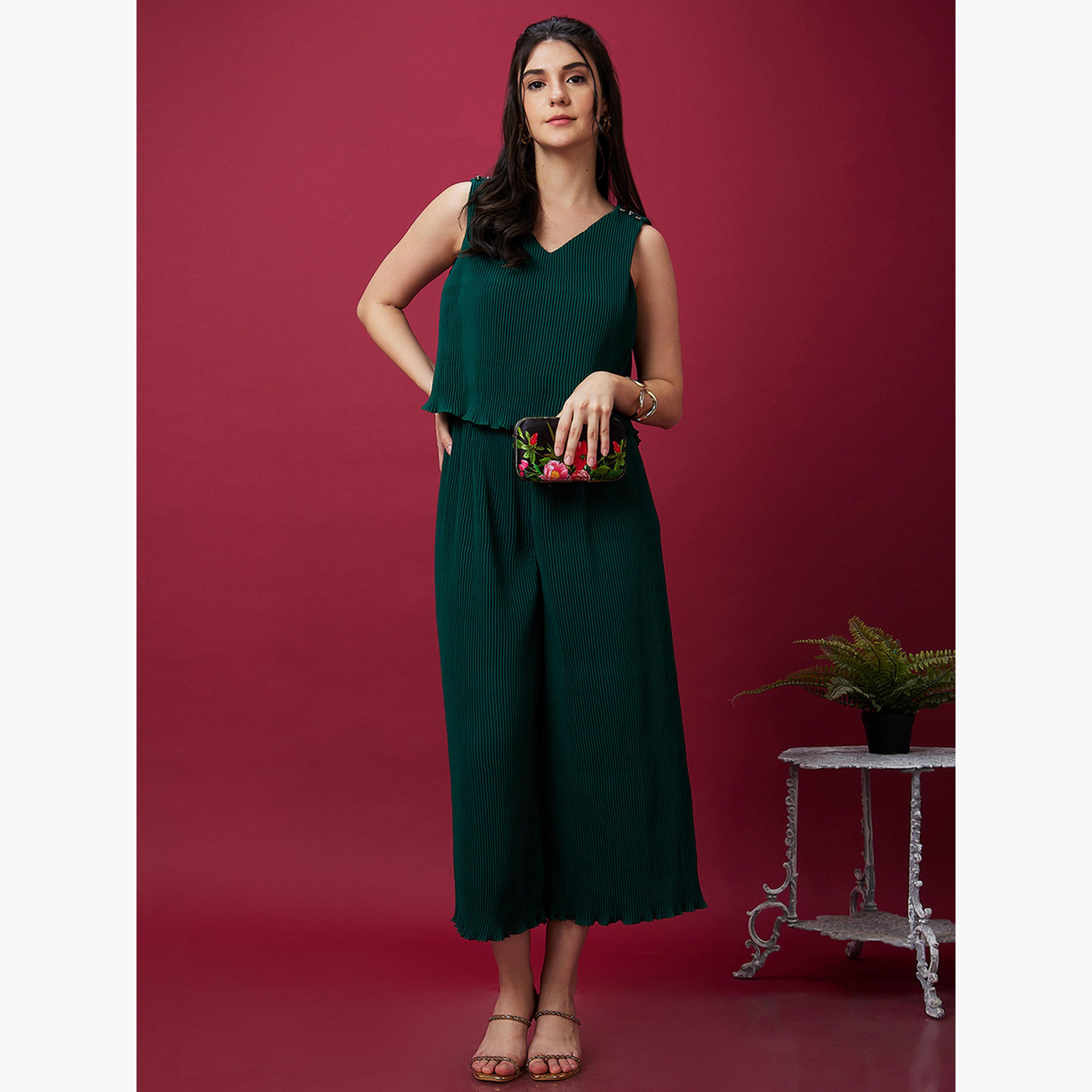 غلوبوص × ستايلي - جمبسوت واسع الساق رقبة حرف V وثنيات-women-clothing-jumpsuits-image-2