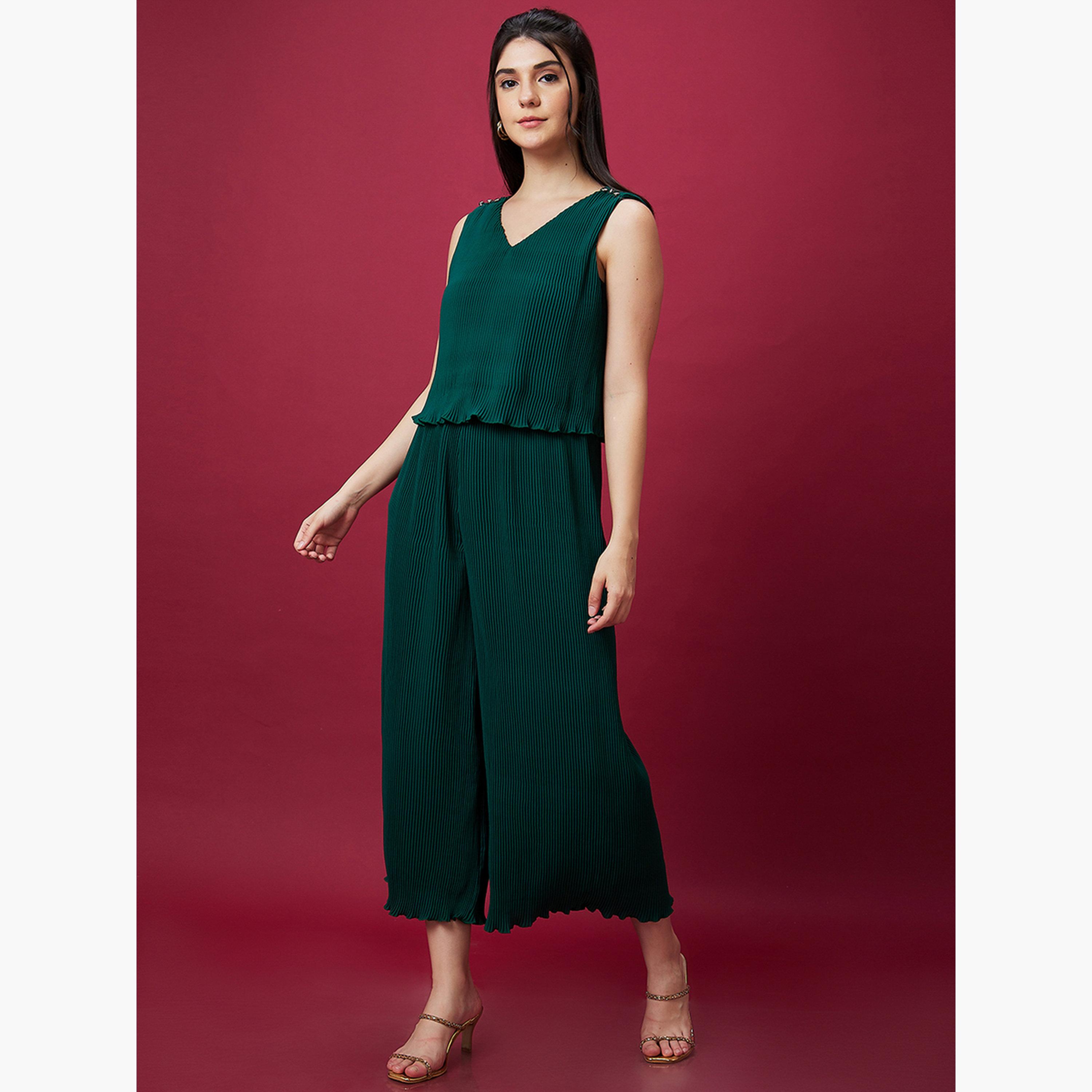 Globus X Styli V Neck Accordion Pleats Wide Leg Jumpsuit-women-clothing-jumpsuits-image-3