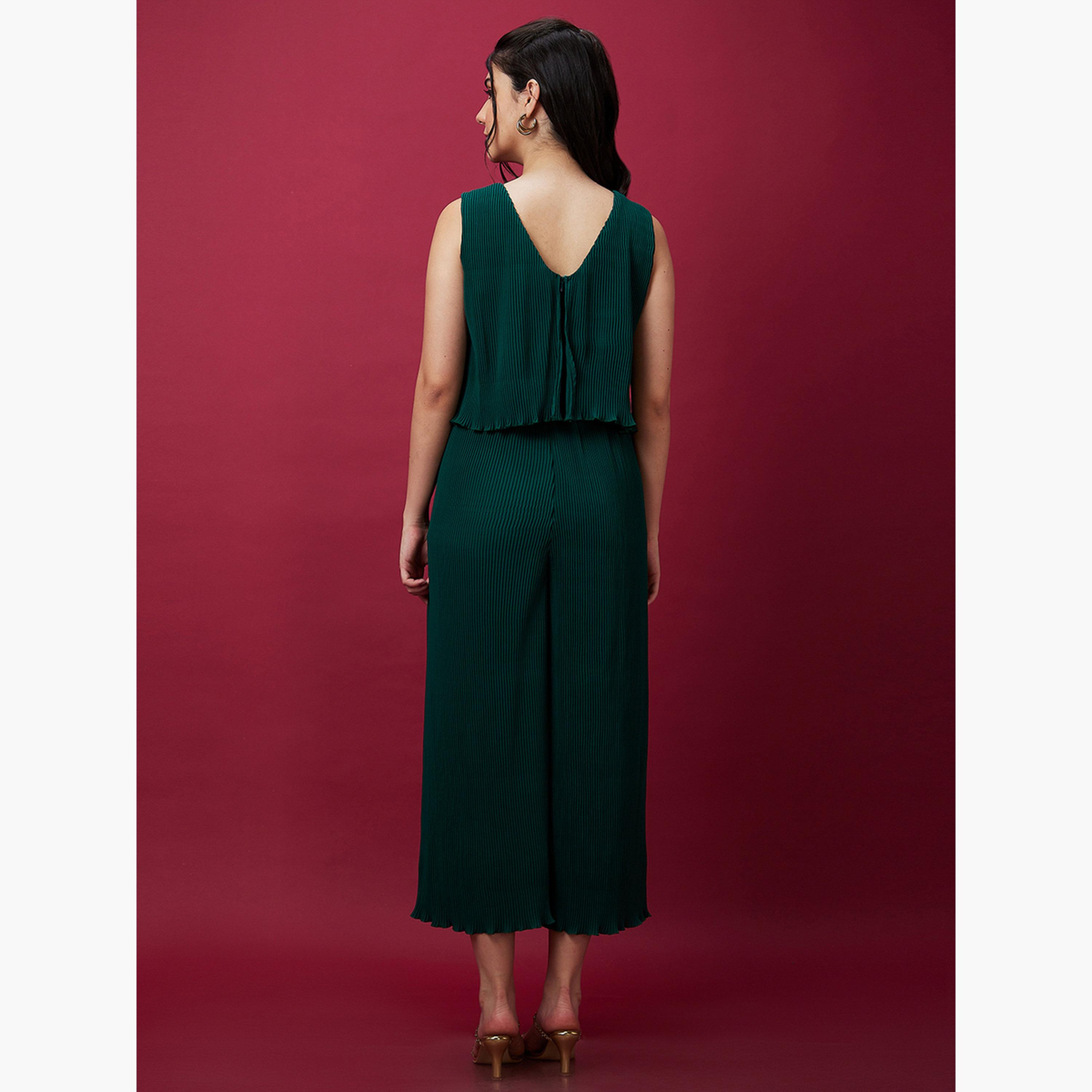 Globus X Styli V Neck Accordion Pleats Wide Leg Jumpsuit-women-clothing-jumpsuits-image-4