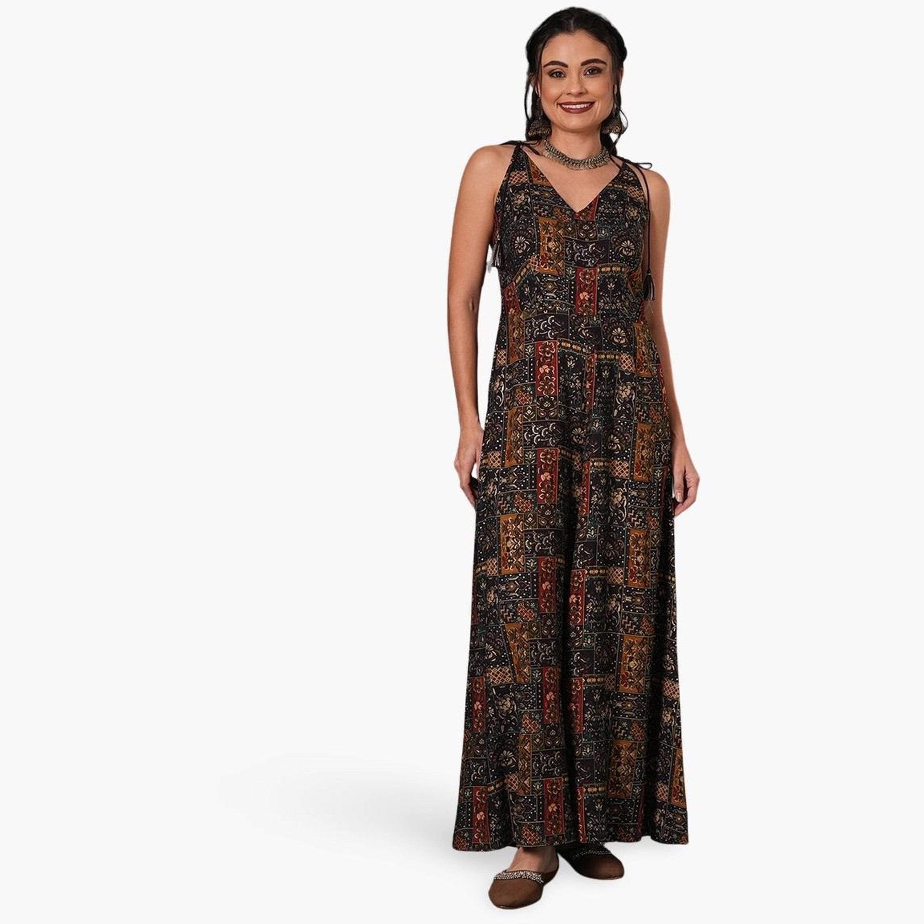 غلوبوص × ستايلي - جمبسوت واسع منفوخ بطبعة زهور عرقية رباط بشراشيب-women-clothing-jumpsuits-image-1