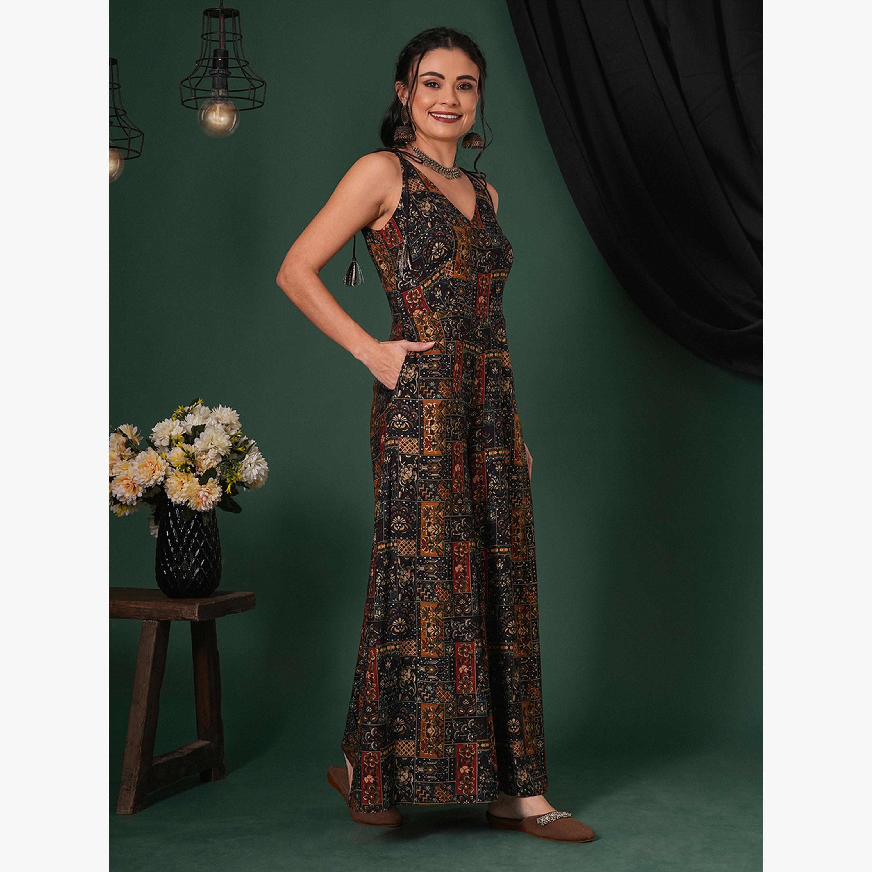 غلوبوص × ستايلي - جمبسوت واسع منفوخ بطبعة زهور عرقية رباط بشراشيب-women-clothing-jumpsuits-image-2