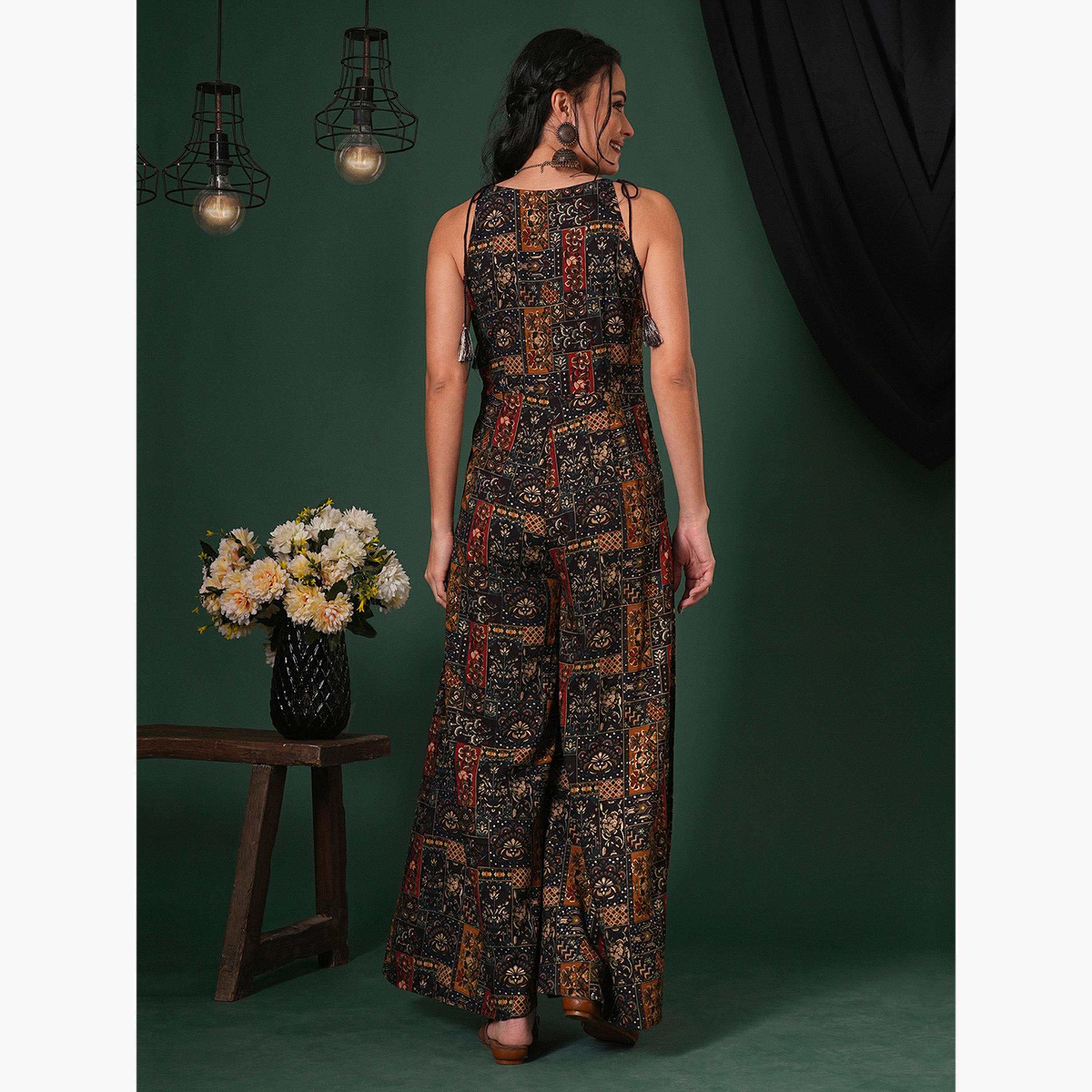 غلوبوص × ستايلي - جمبسوت واسع منفوخ بطبعة زهور عرقية رباط بشراشيب-women-clothing-jumpsuits-image-3