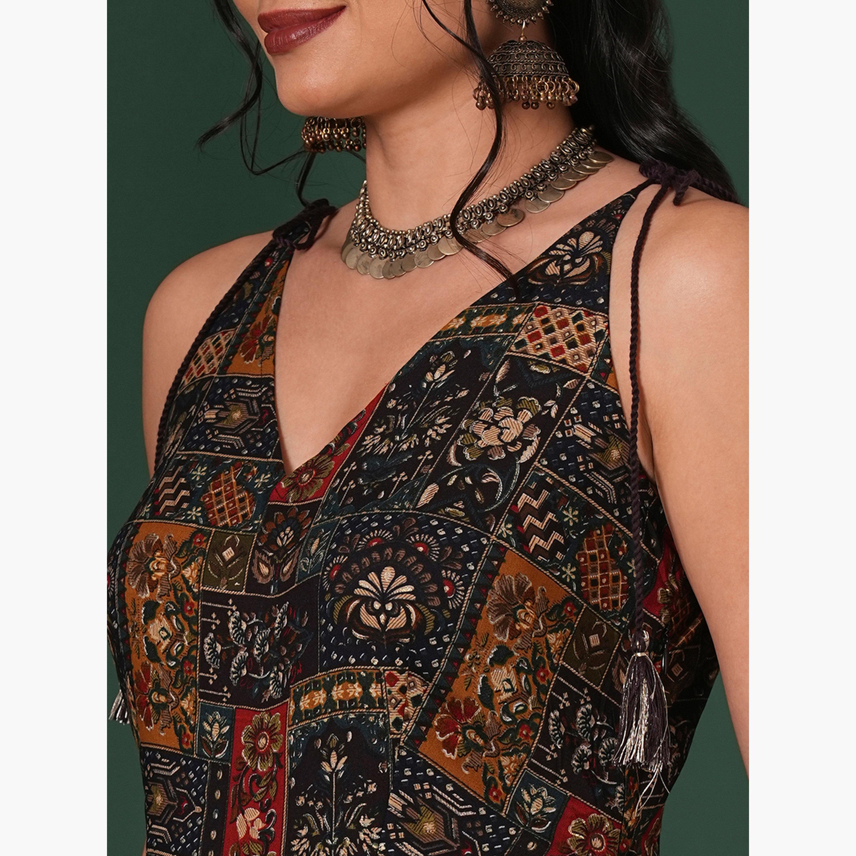 غلوبوص × ستايلي - جمبسوت واسع منفوخ بطبعة زهور عرقية رباط بشراشيب-women-clothing-jumpsuits-image-4