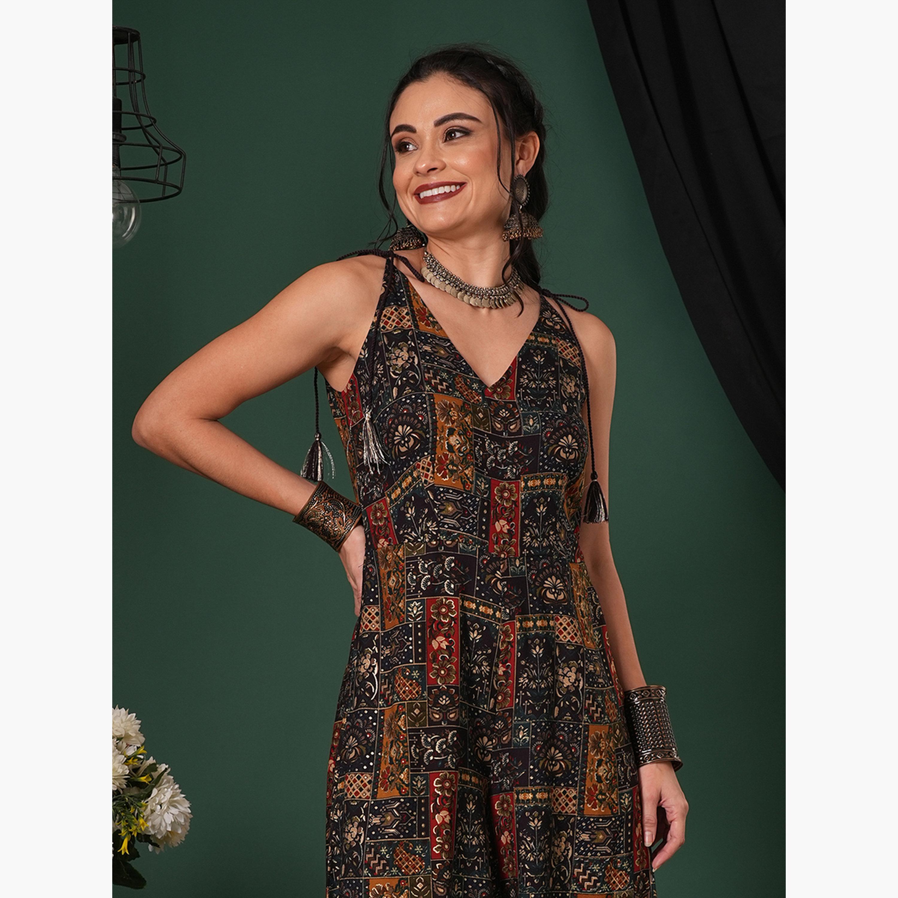 غلوبوص × ستايلي - جمبسوت واسع منفوخ بطبعة زهور عرقية رباط بشراشيب-women-clothing-jumpsuits-image-5