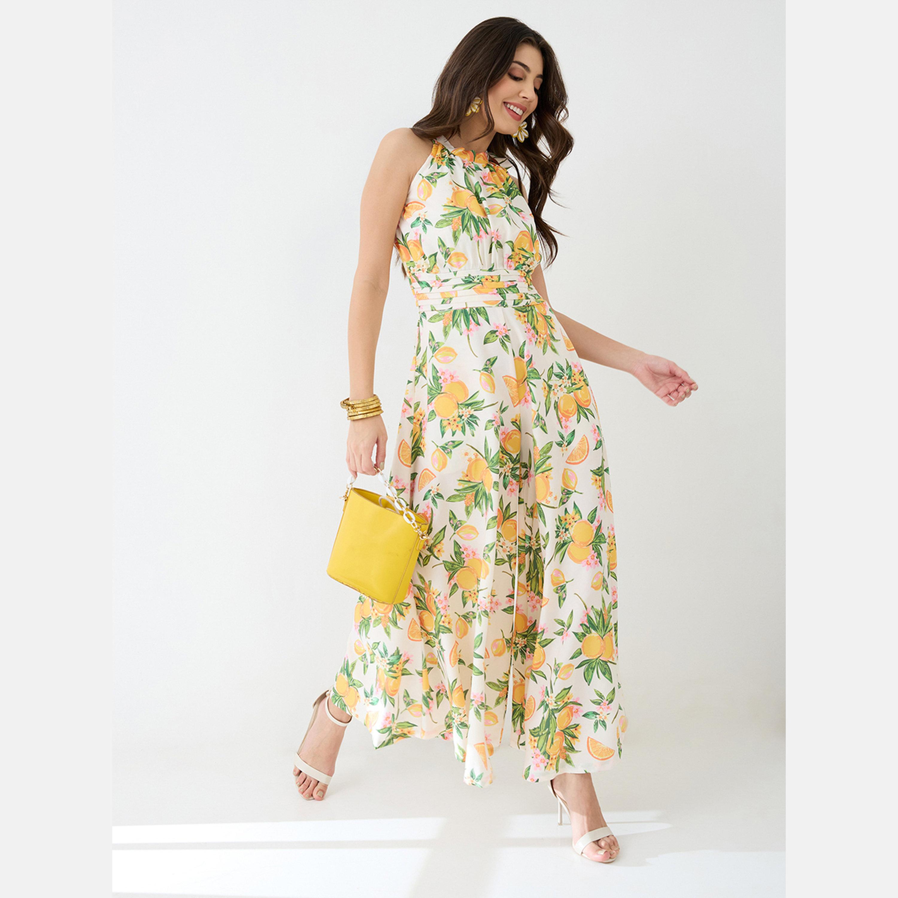 Globus X Styli Floral Fruit Print Pleated Detail Flared Fusion Jumpsuit-women-clothing-jumpsuits-image-1