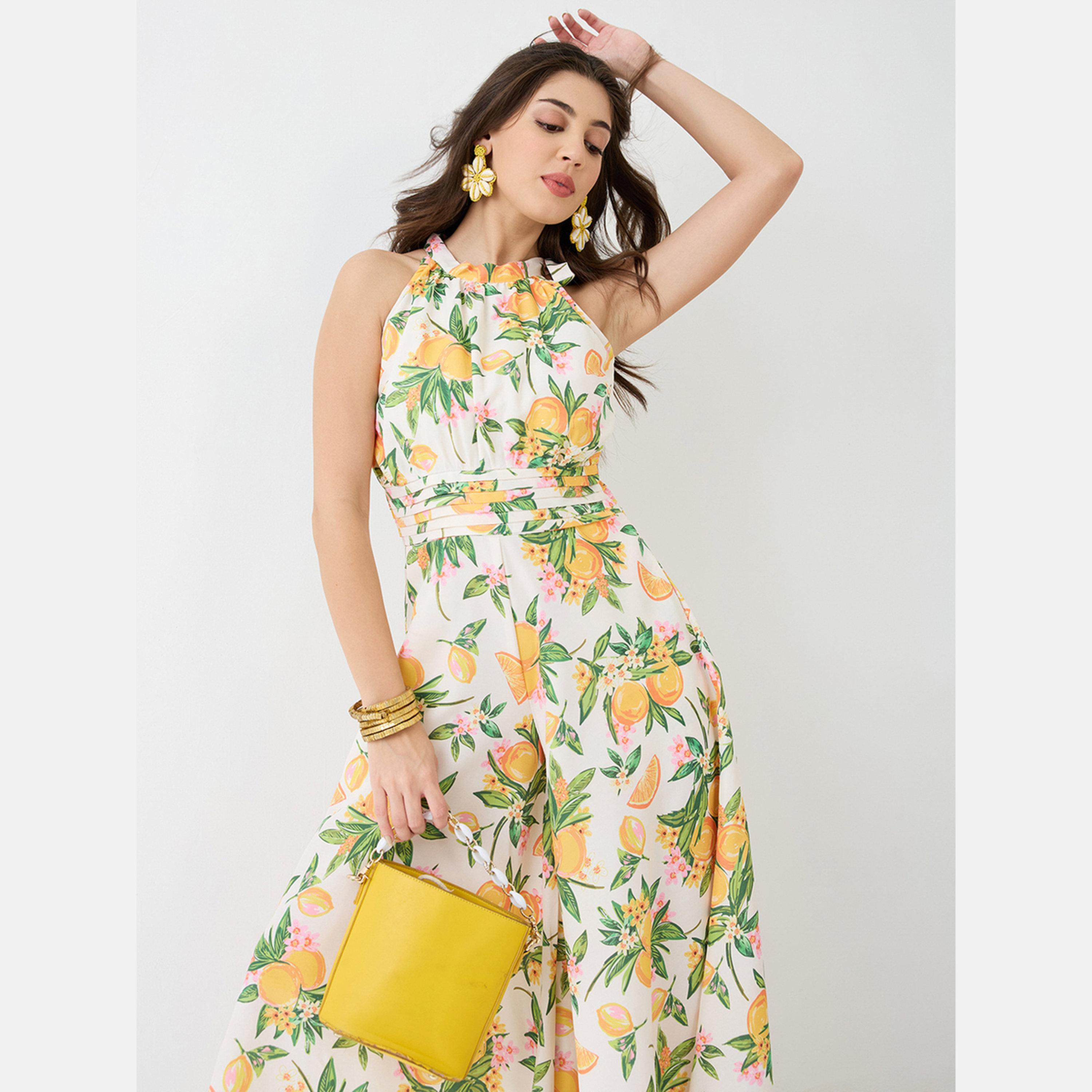 Globus X Styli Floral Fruit Print Pleated Detail Flared Fusion Jumpsuit-women-clothing-jumpsuits-image-5