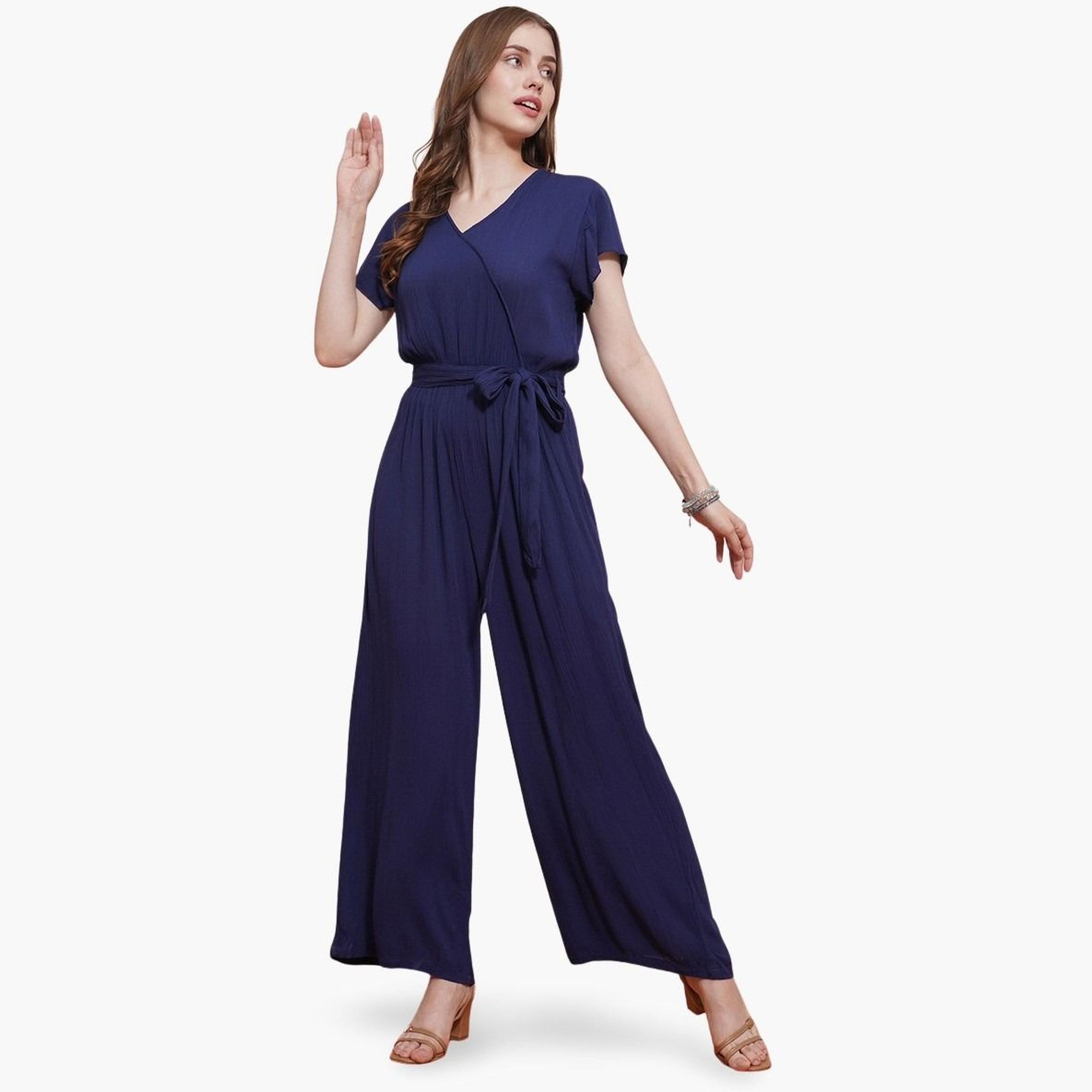 غلوبوص × ستايلي - جمبسوت سادة بأكمام قصيرة ورباط على الخصر وساق واسعة-women-clothing-jumpsuits-image-1