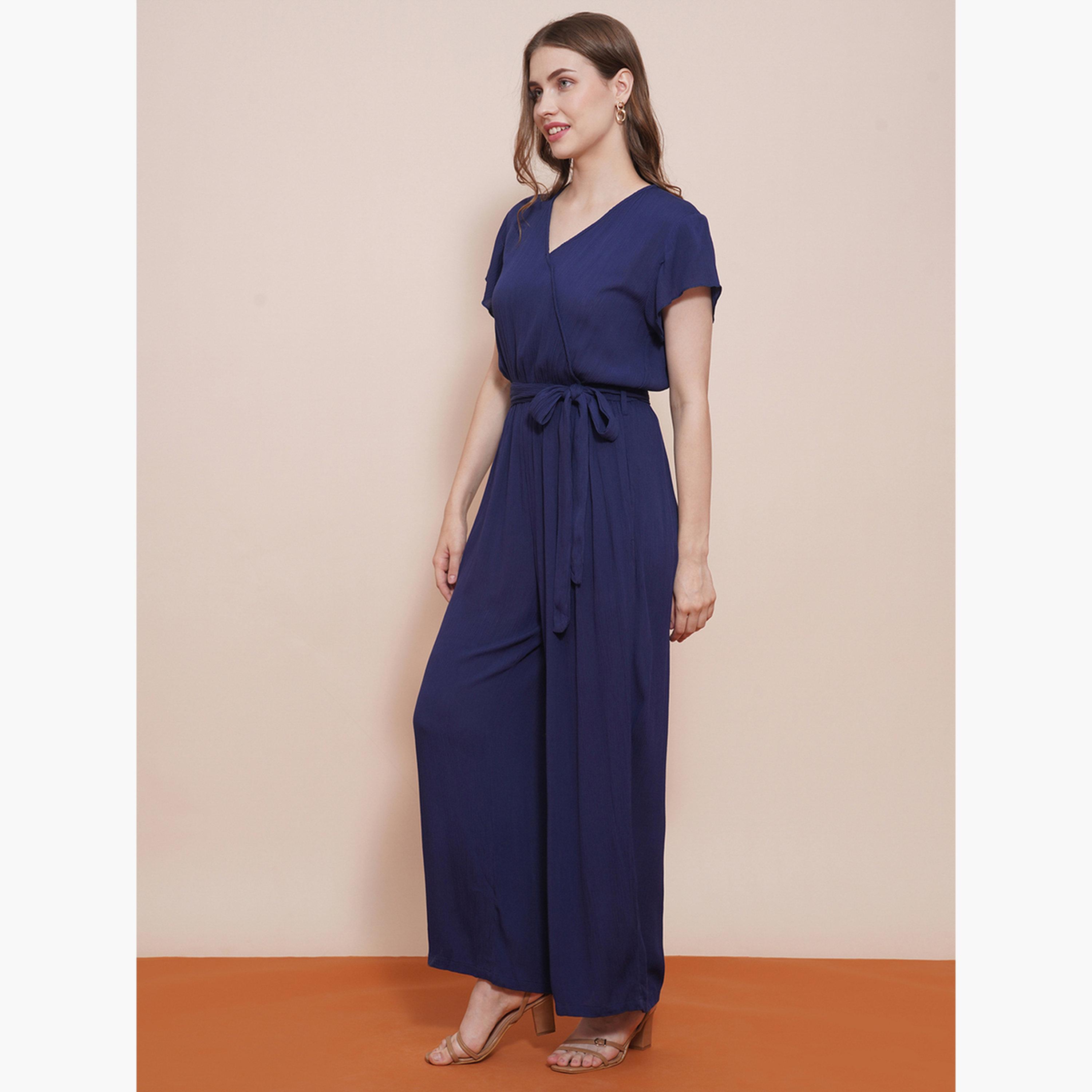 غلوبوص × ستايلي - جمبسوت سادة بأكمام قصيرة ورباط على الخصر وساق واسعة-women-clothing-jumpsuits-image-2