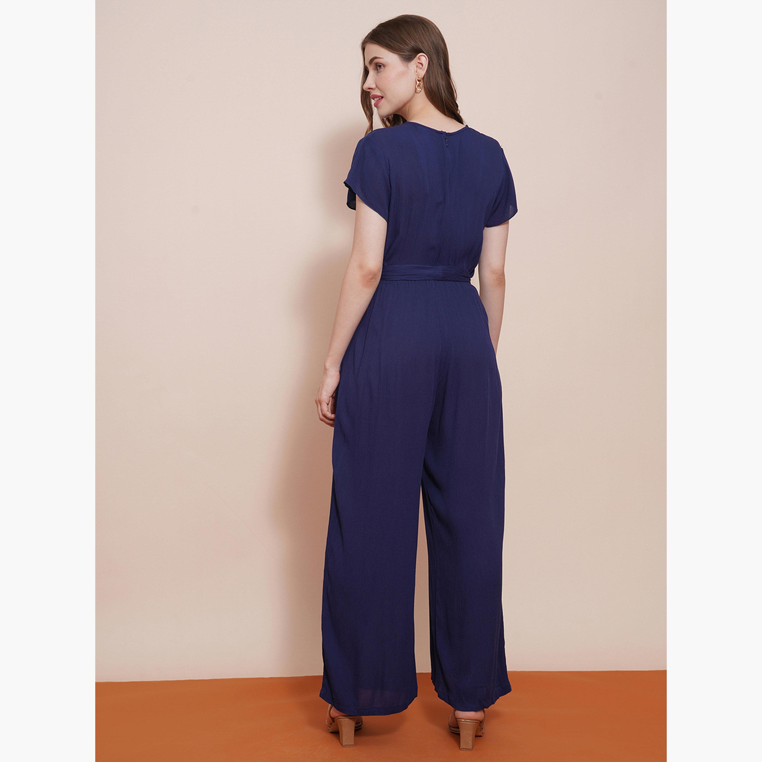 غلوبوص × ستايلي - جمبسوت سادة بأكمام قصيرة ورباط على الخصر وساق واسعة-women-clothing-jumpsuits-image-3