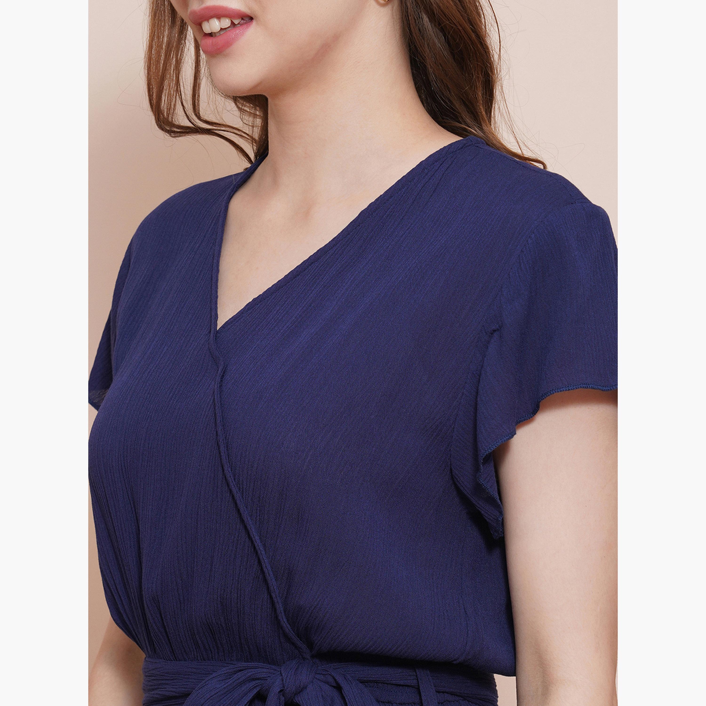 غلوبوص × ستايلي - جمبسوت سادة بأكمام قصيرة ورباط على الخصر وساق واسعة-women-clothing-jumpsuits-image-4