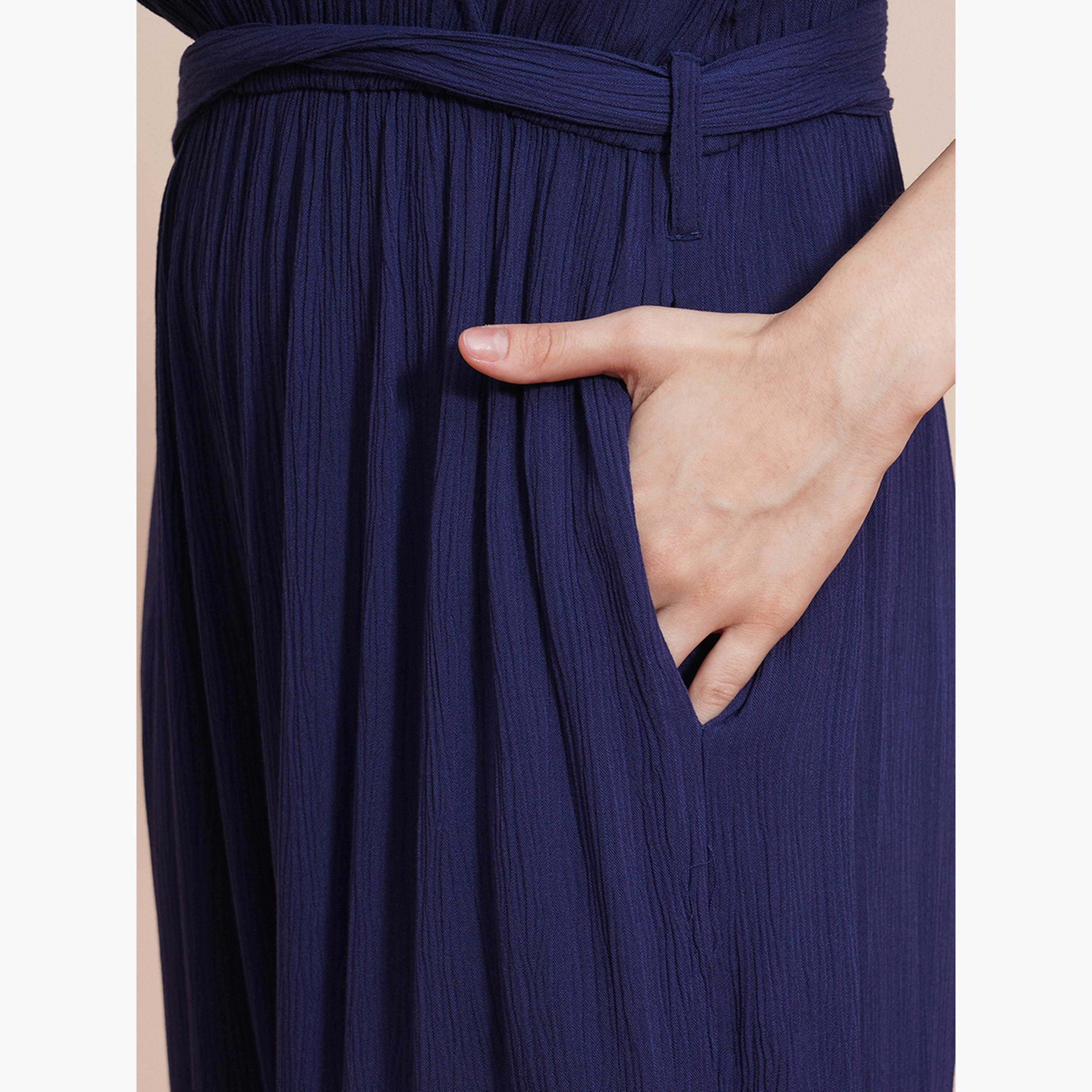غلوبوص × ستايلي - جمبسوت سادة بأكمام قصيرة ورباط على الخصر وساق واسعة-women-clothing-jumpsuits-image-5