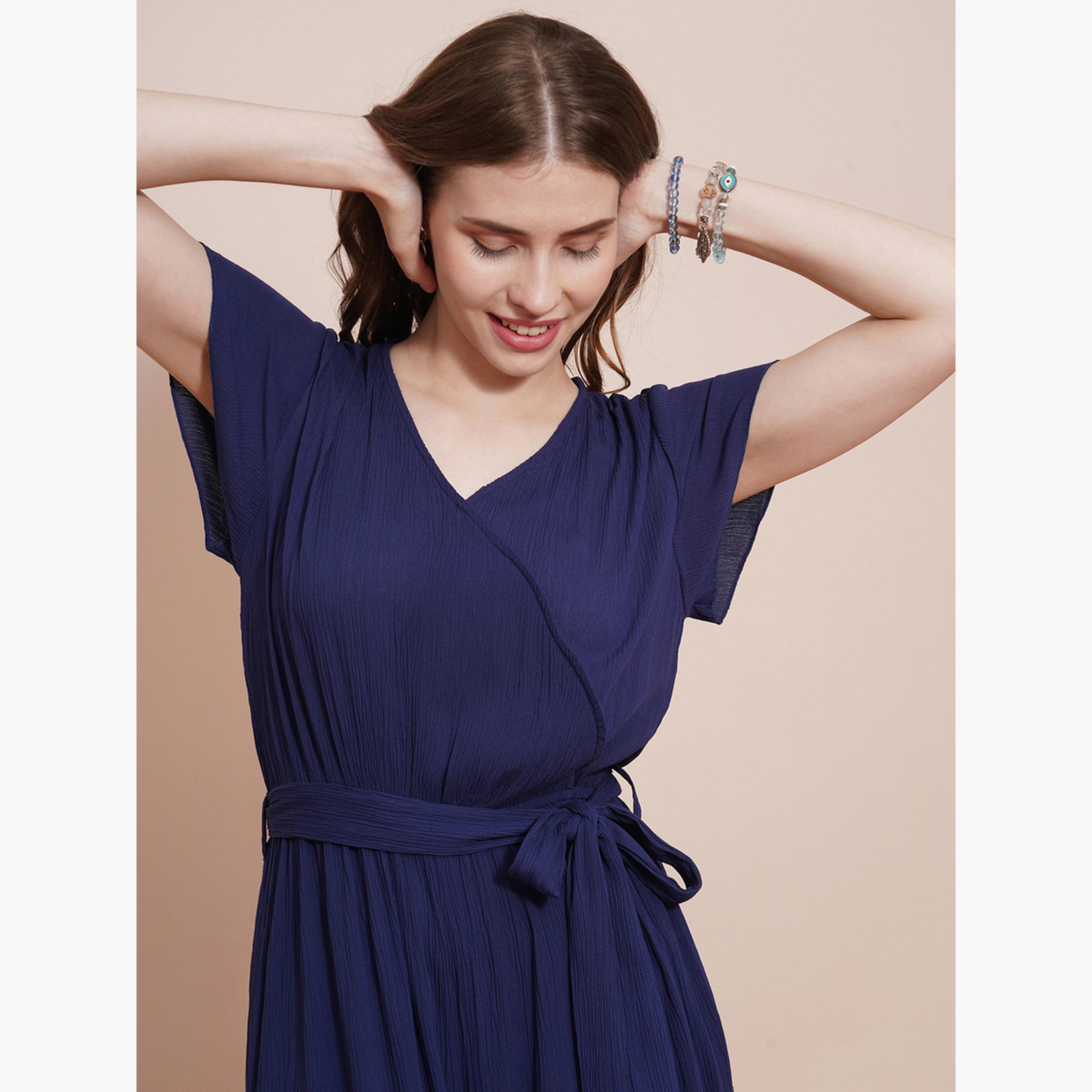 غلوبوص × ستايلي - جمبسوت سادة بأكمام قصيرة ورباط على الخصر وساق واسعة-women-clothing-jumpsuits-image-6