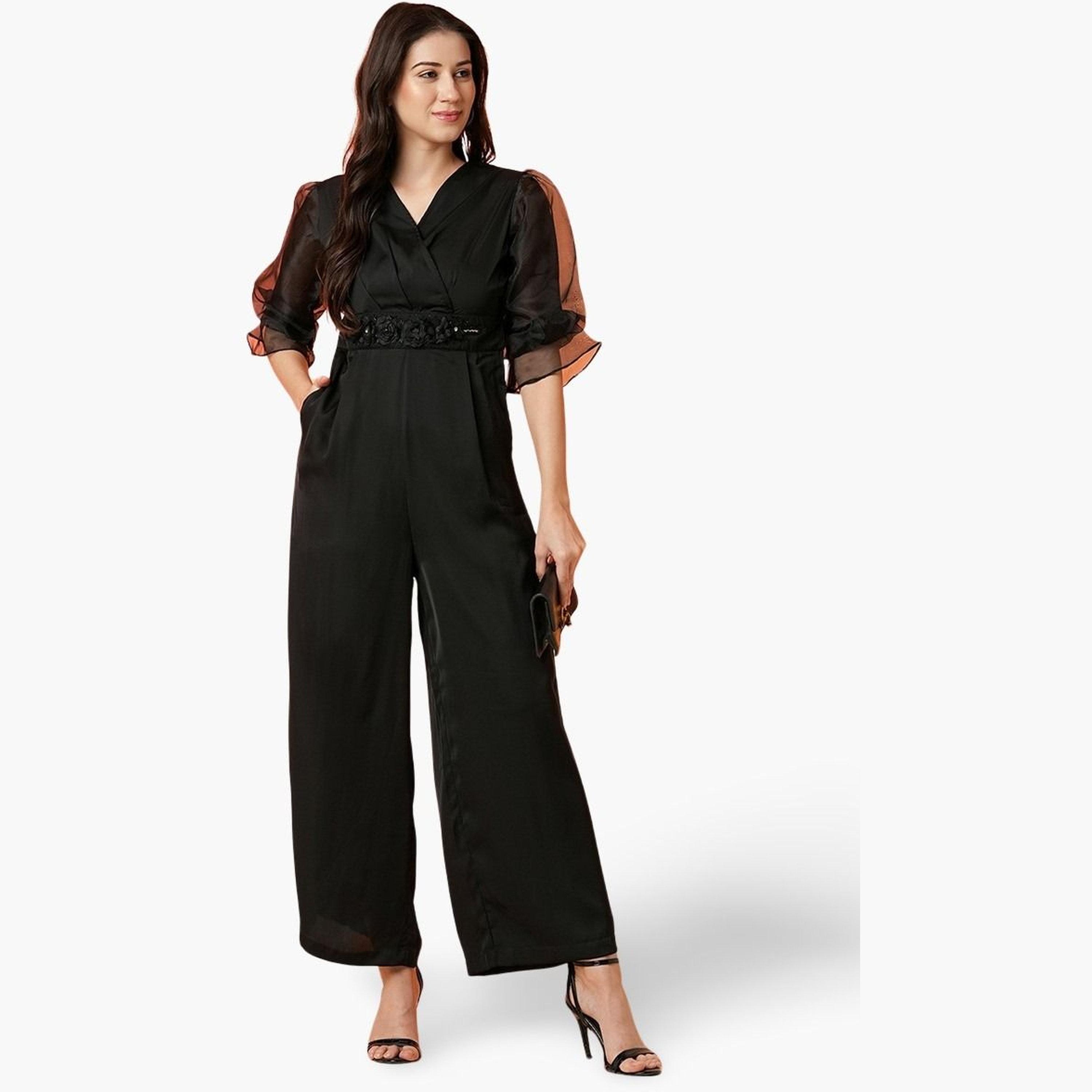 Globus X Styli Floral Applique Waist Wrap Neck Jumpsuit-women-clothing-jumpsuits-image-1