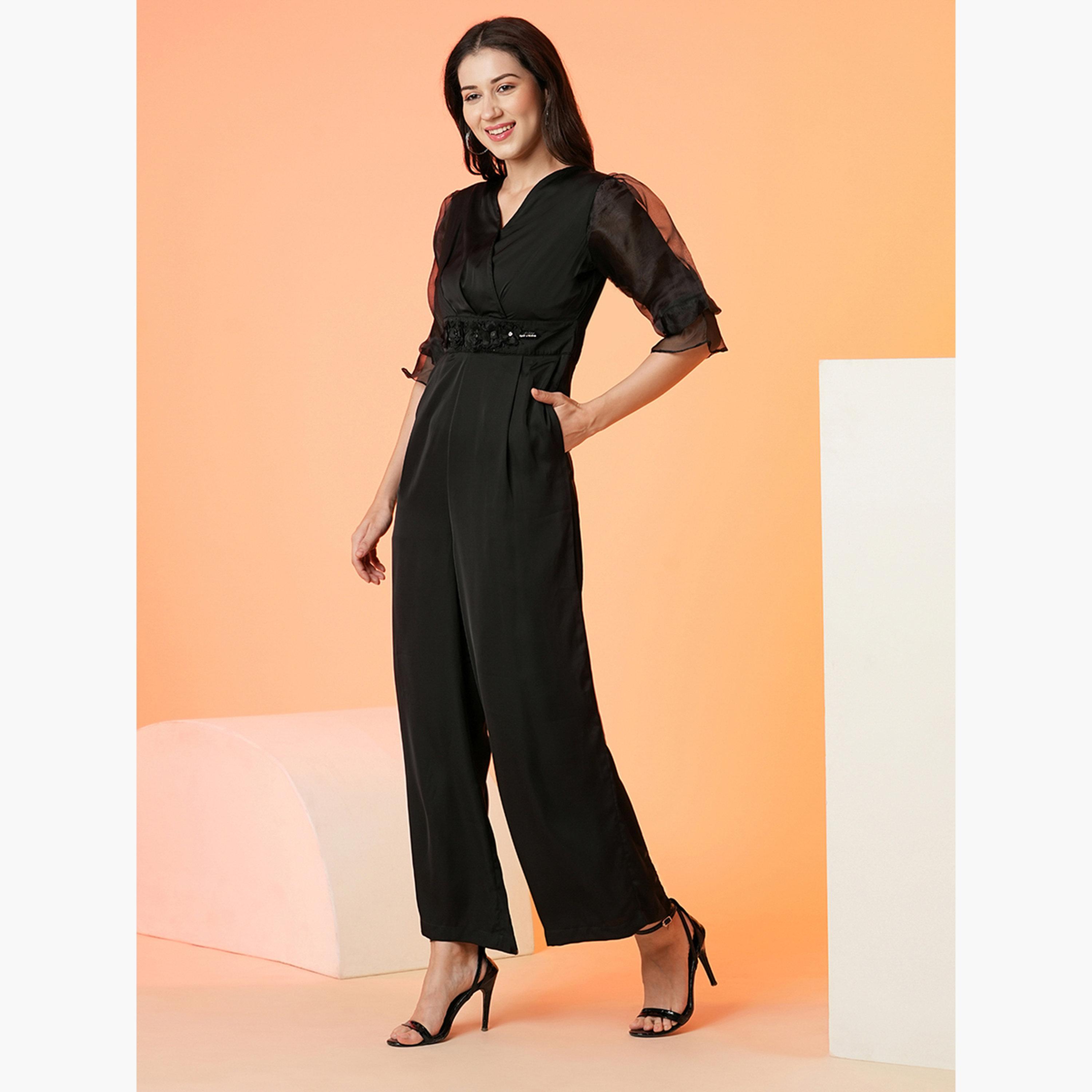 Globus X Styli Floral Applique Waist Wrap Neck Jumpsuit-women-clothing-jumpsuits-image-2