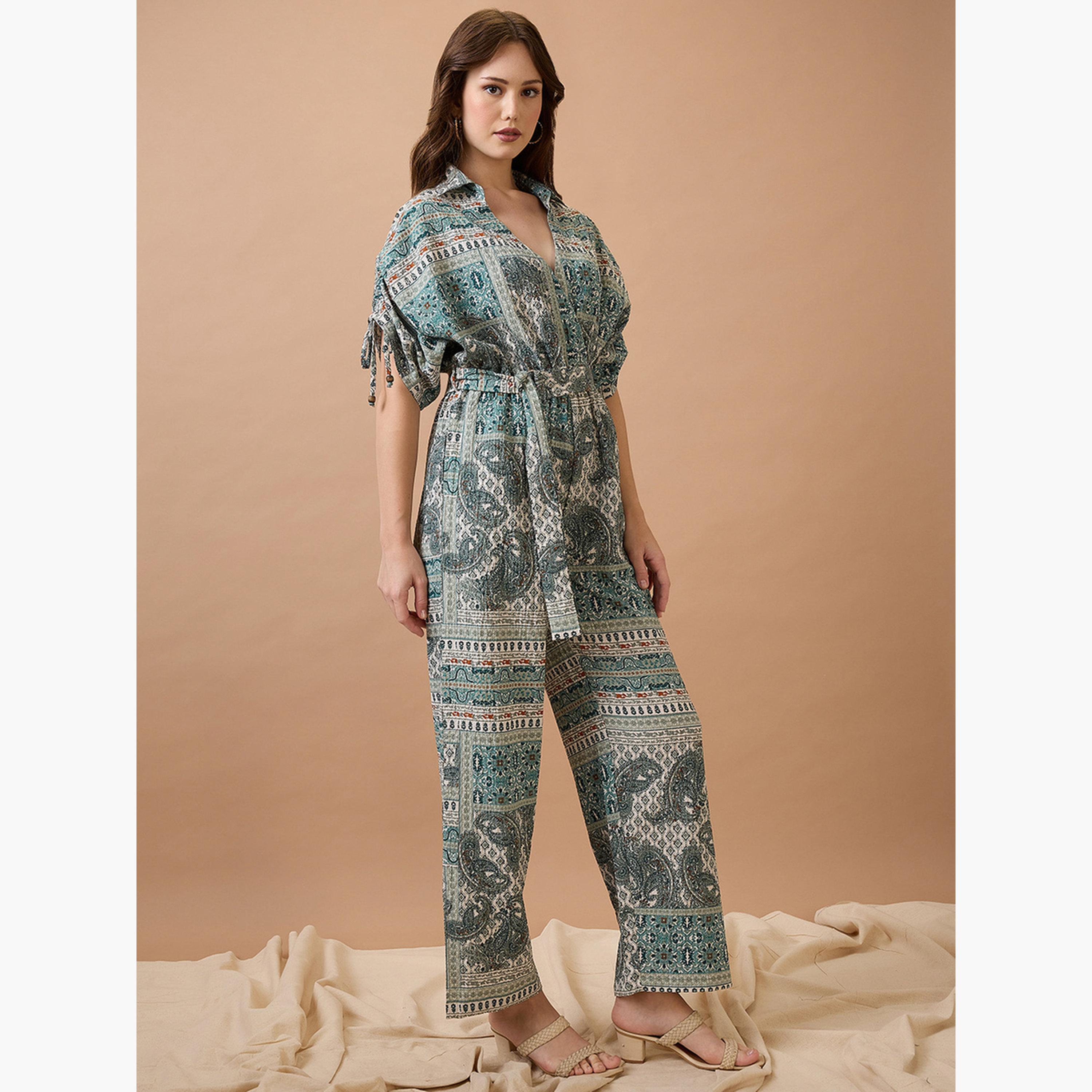 Globus X Styli Collared Neck Ruched Sleeves Fusion Jumpsuit-women-clothing-jumpsuits-image-2