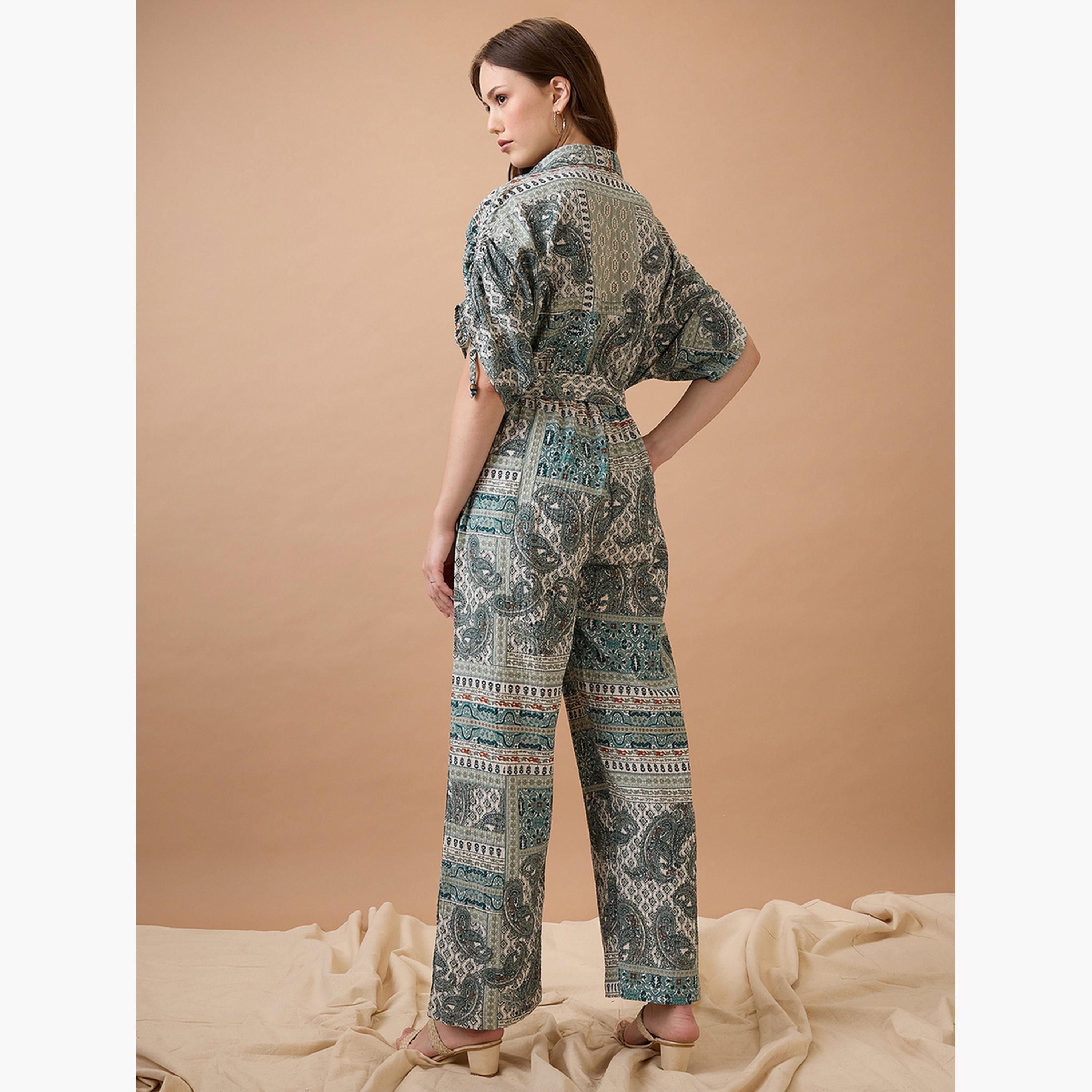 Globus X Styli Collared Neck Ruched Sleeves Fusion Jumpsuit-women-clothing-jumpsuits-image-3