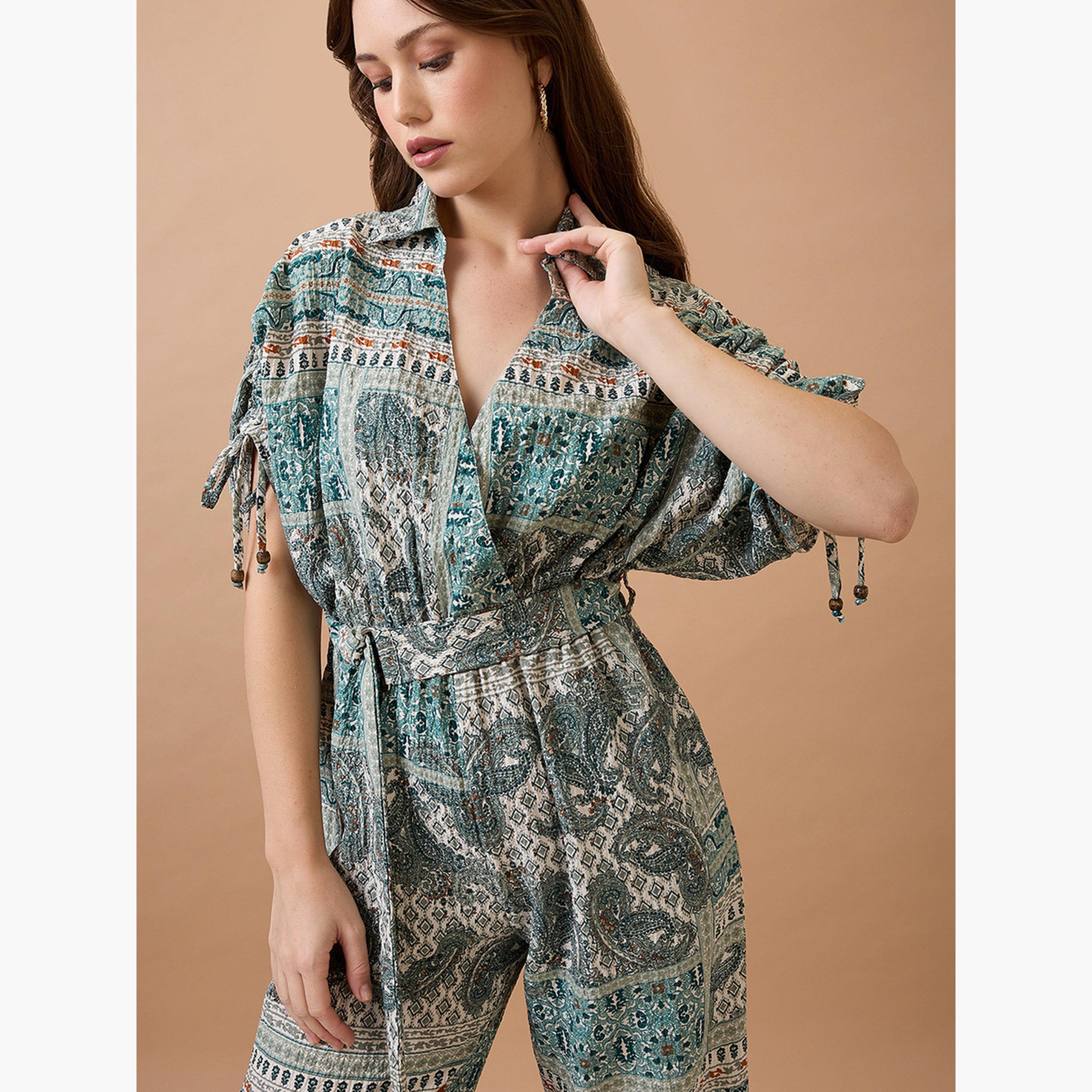 Globus X Styli Collared Neck Ruched Sleeves Fusion Jumpsuit-women-clothing-jumpsuits-image-5
