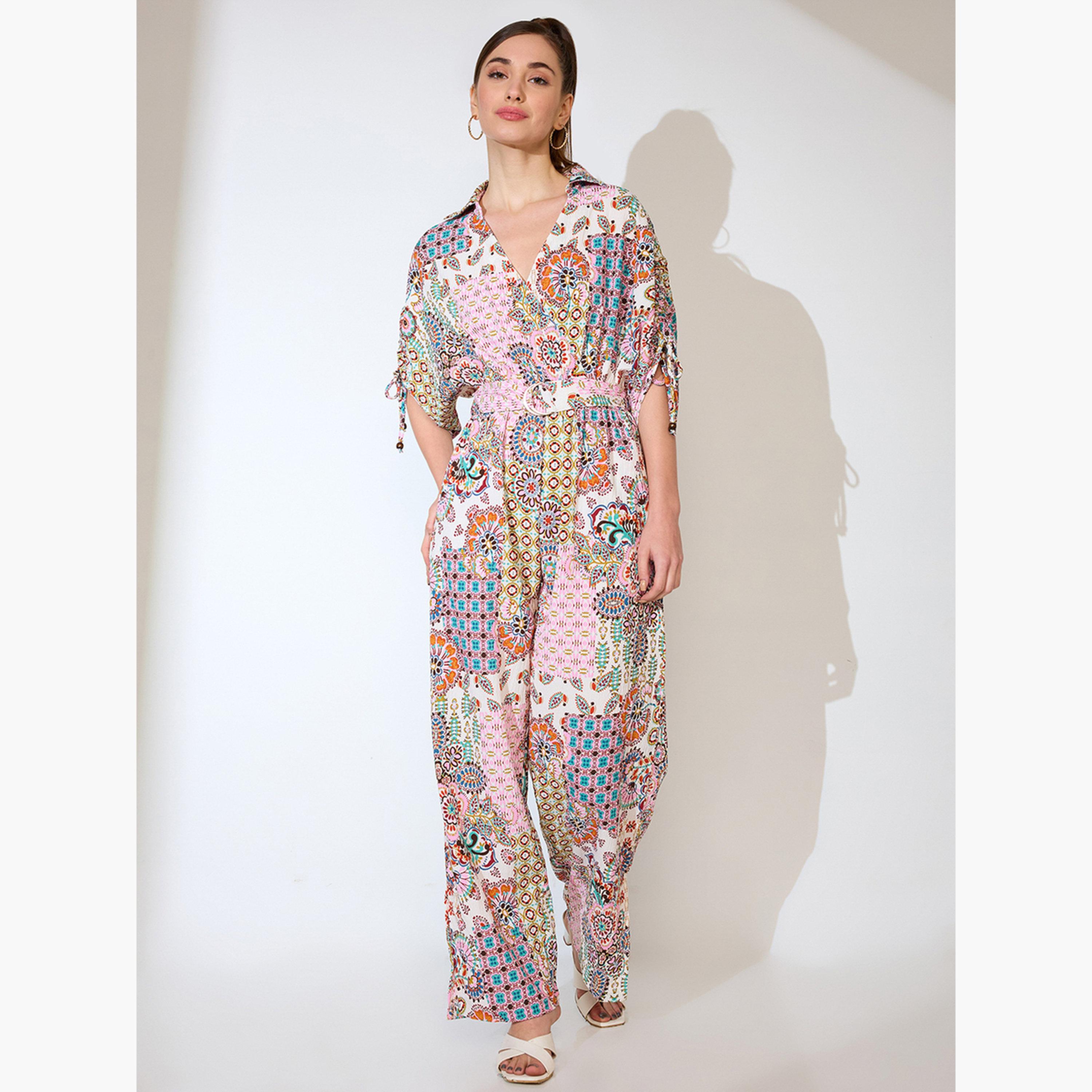 غلوبوص × ستايلي - جمبسوت متعدد الألوان بأكمام مكشكشة وطبعة عرقية وحزام-women-clothing-jumpsuits-image-1