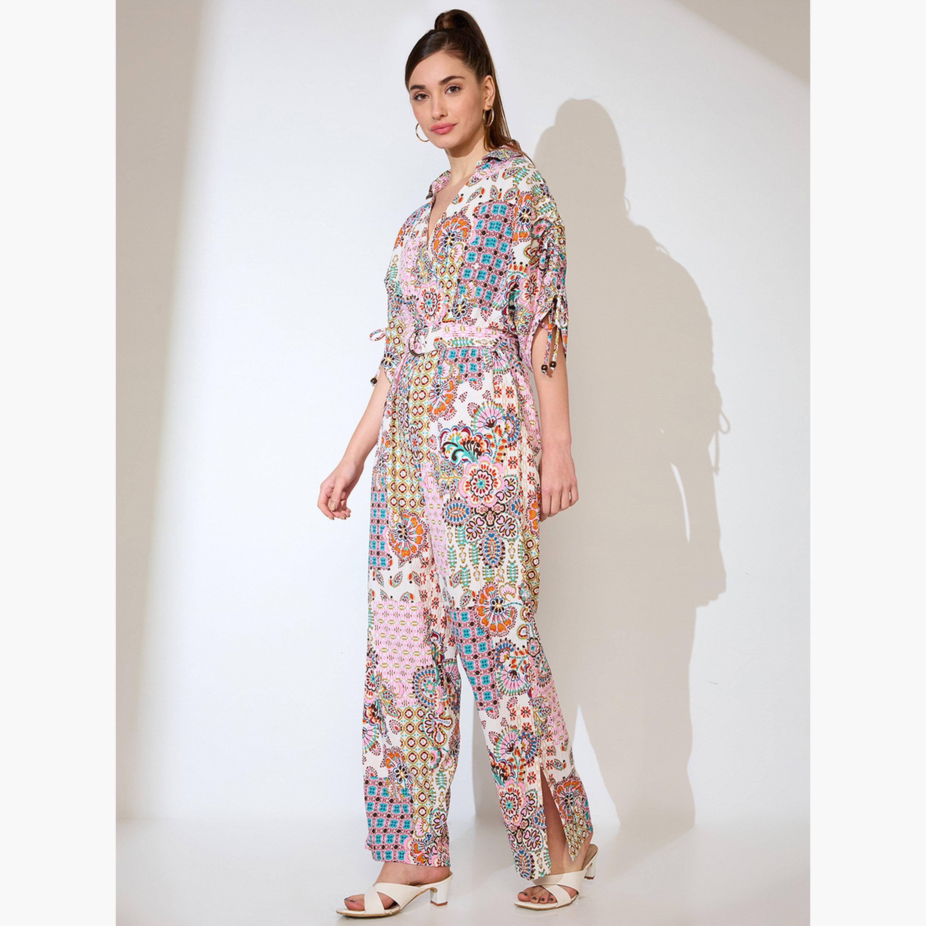 Globus X Styli Multi Ruched Sleeves Ethnic Motif Print Belted Fusion Jumpsuit-women-clothing-jumpsuits-image-2