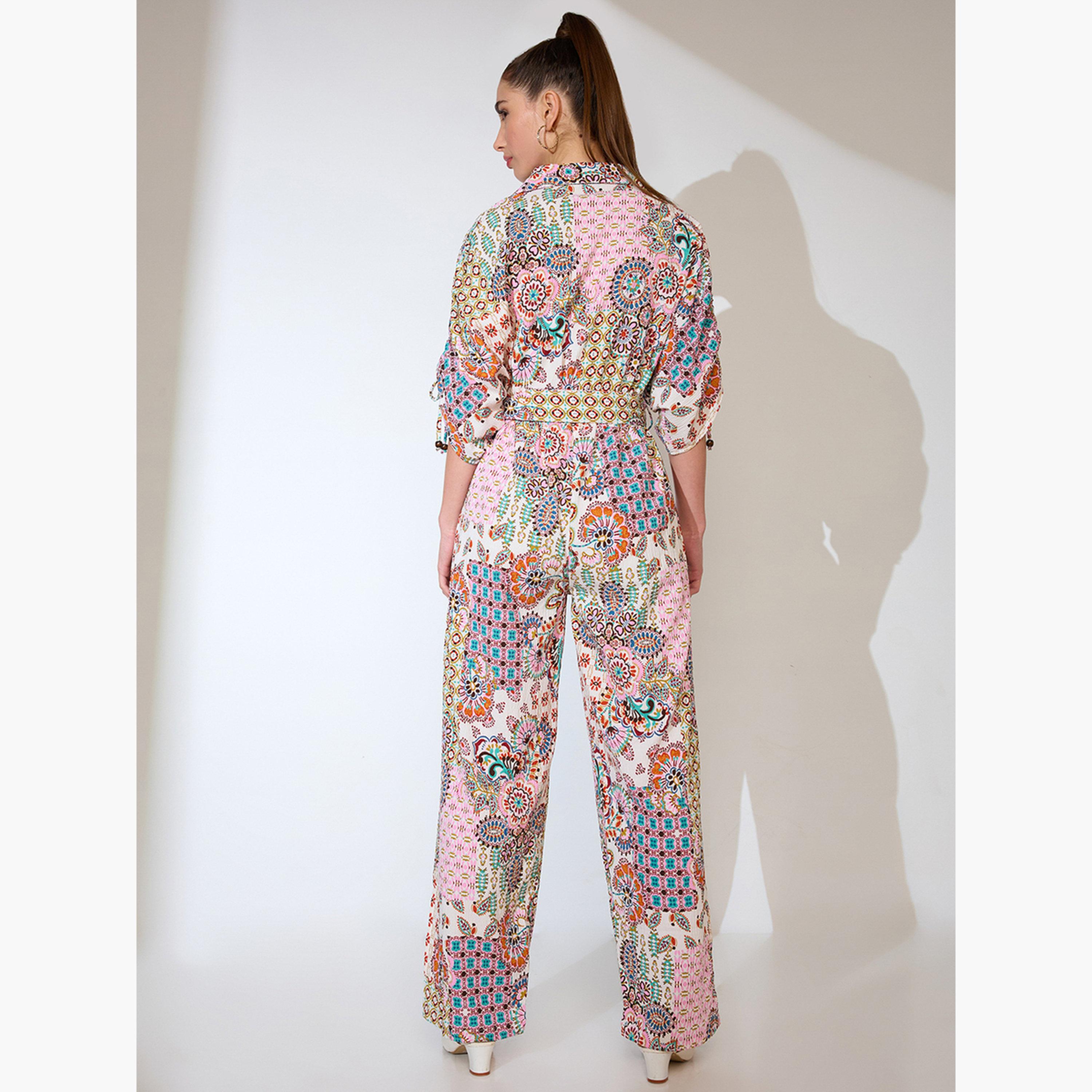 Globus X Styli Multi Ruched Sleeves Ethnic Motif Print Belted Fusion Jumpsuit-women-clothing-jumpsuits-image-3