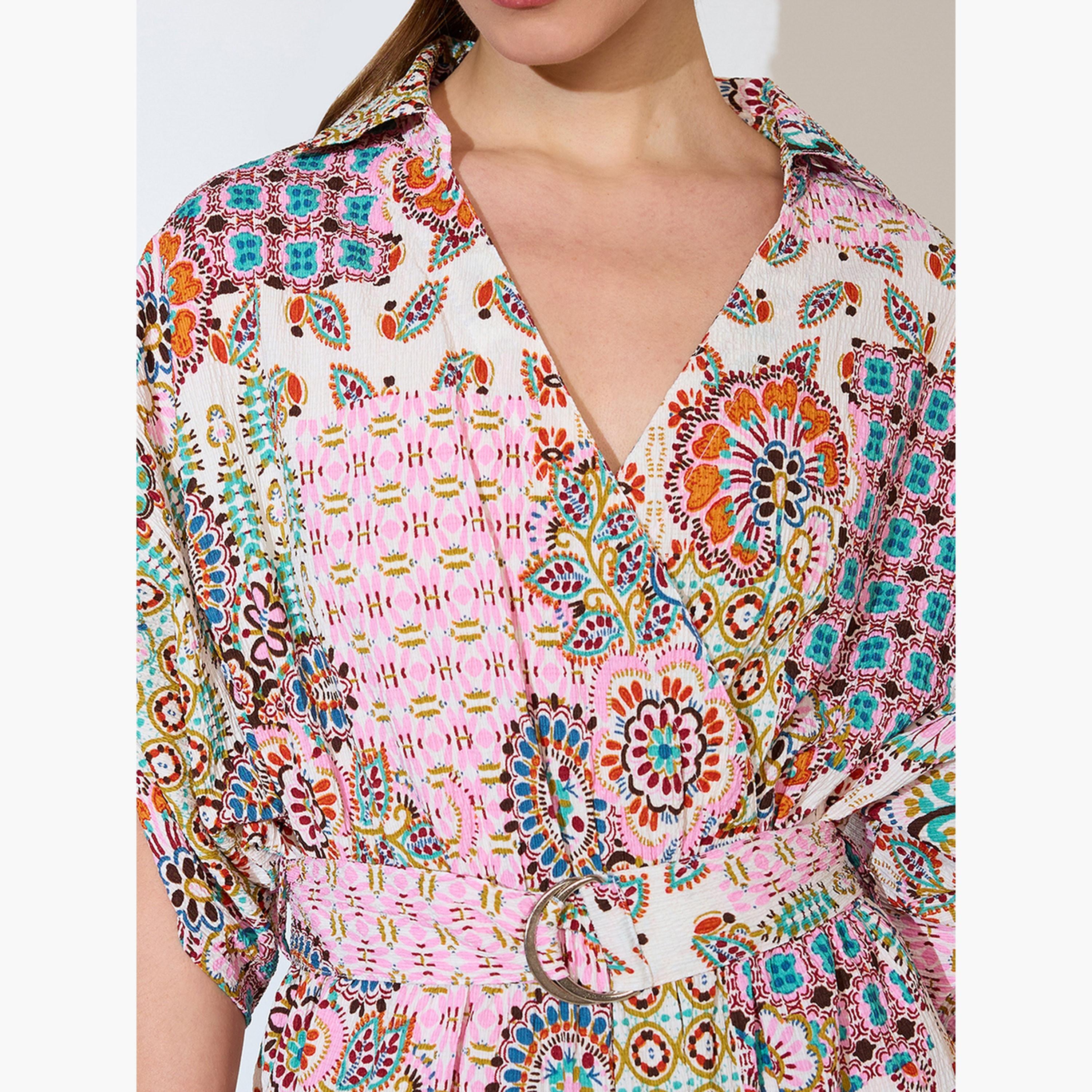 Globus X Styli Multi Ruched Sleeves Ethnic Motif Print Belted Fusion Jumpsuit-women-clothing-jumpsuits-image-4