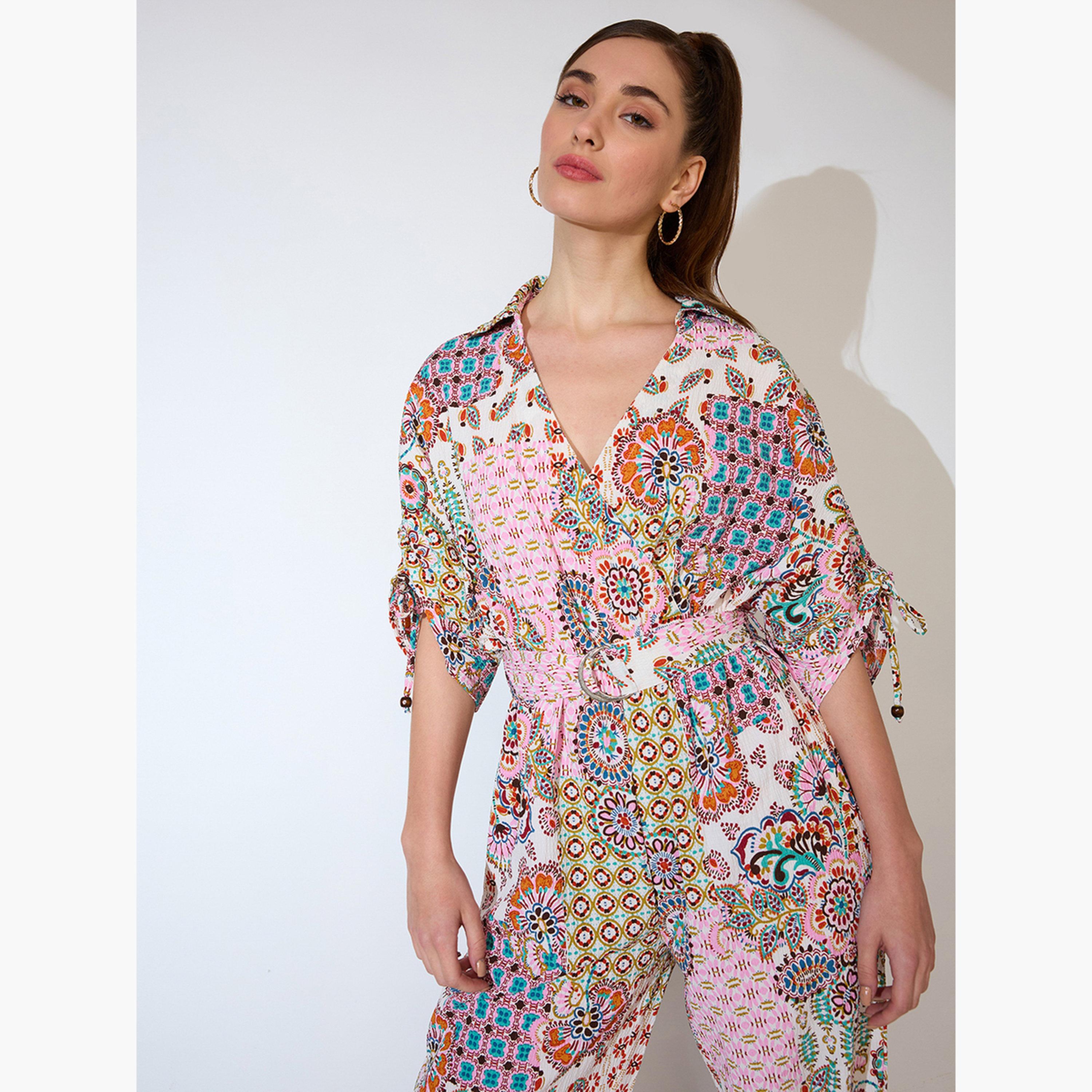 Globus X Styli Multi Ruched Sleeves Ethnic Motif Print Belted Fusion Jumpsuit-women-clothing-jumpsuits-image-5