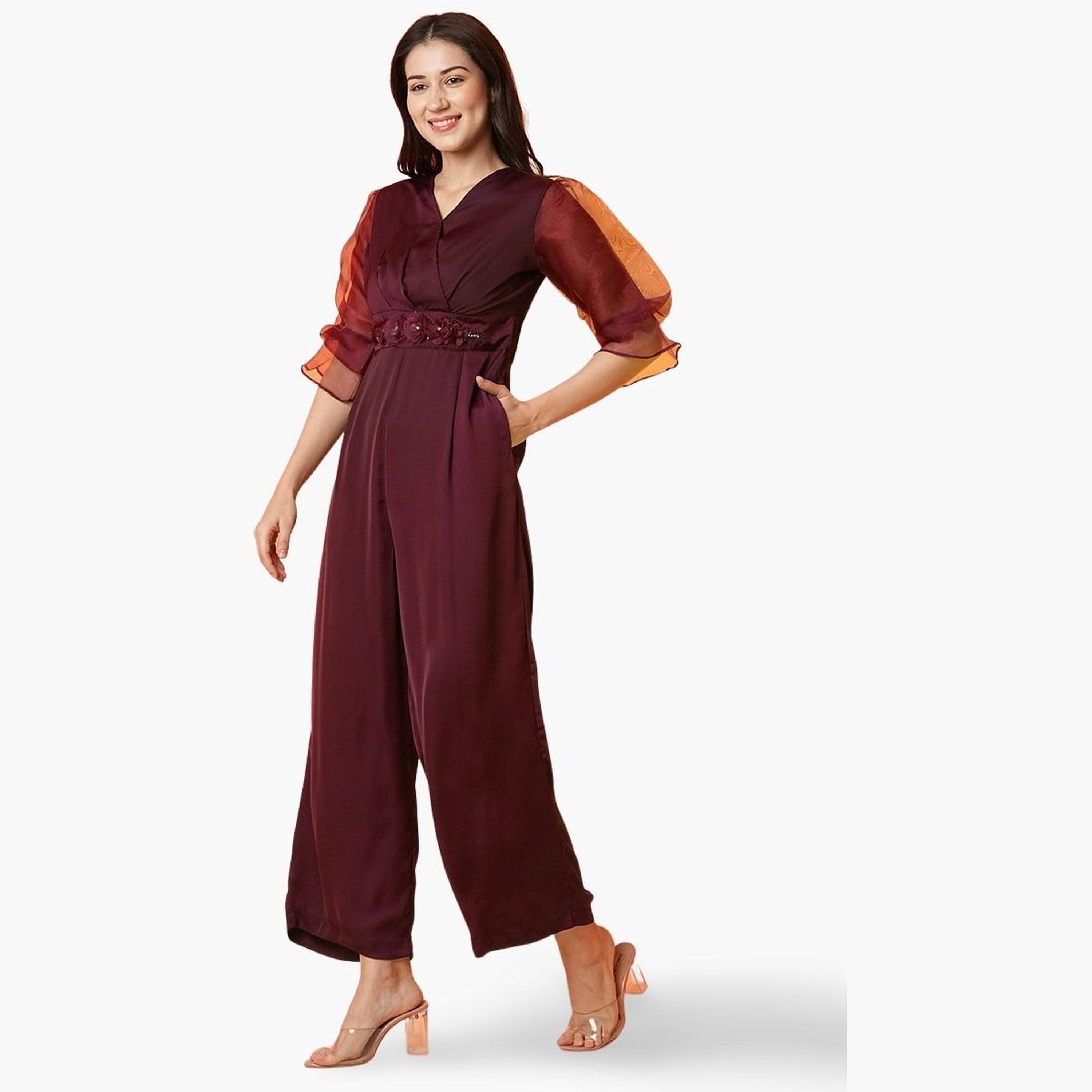 Globus X Styli Floral Applique Waist Wrap Neck Jumpsuit-women-clothing-jumpsuits-image-1