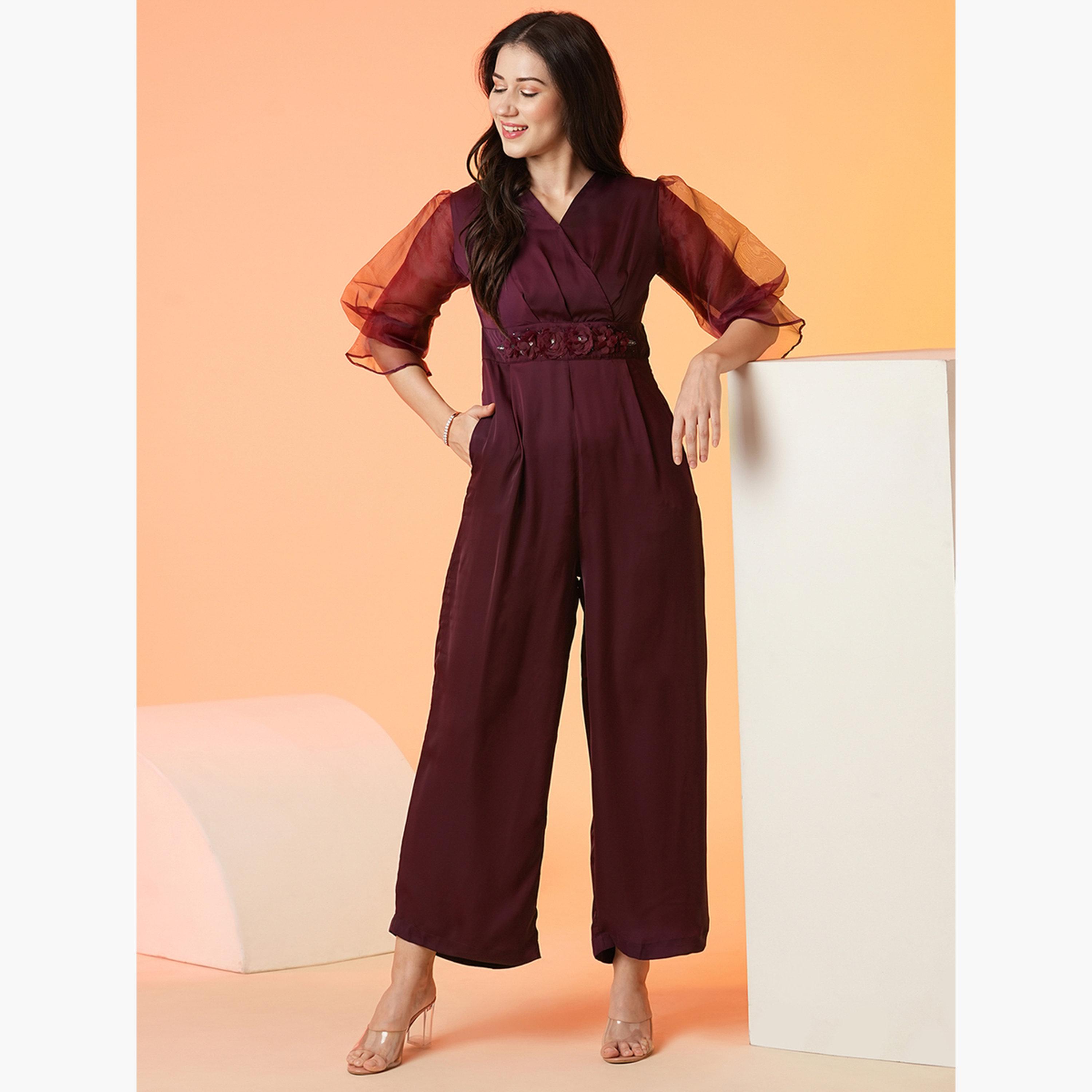 Globus X Styli Floral Applique Waist Wrap Neck Jumpsuit-women-clothing-jumpsuits-image-2
