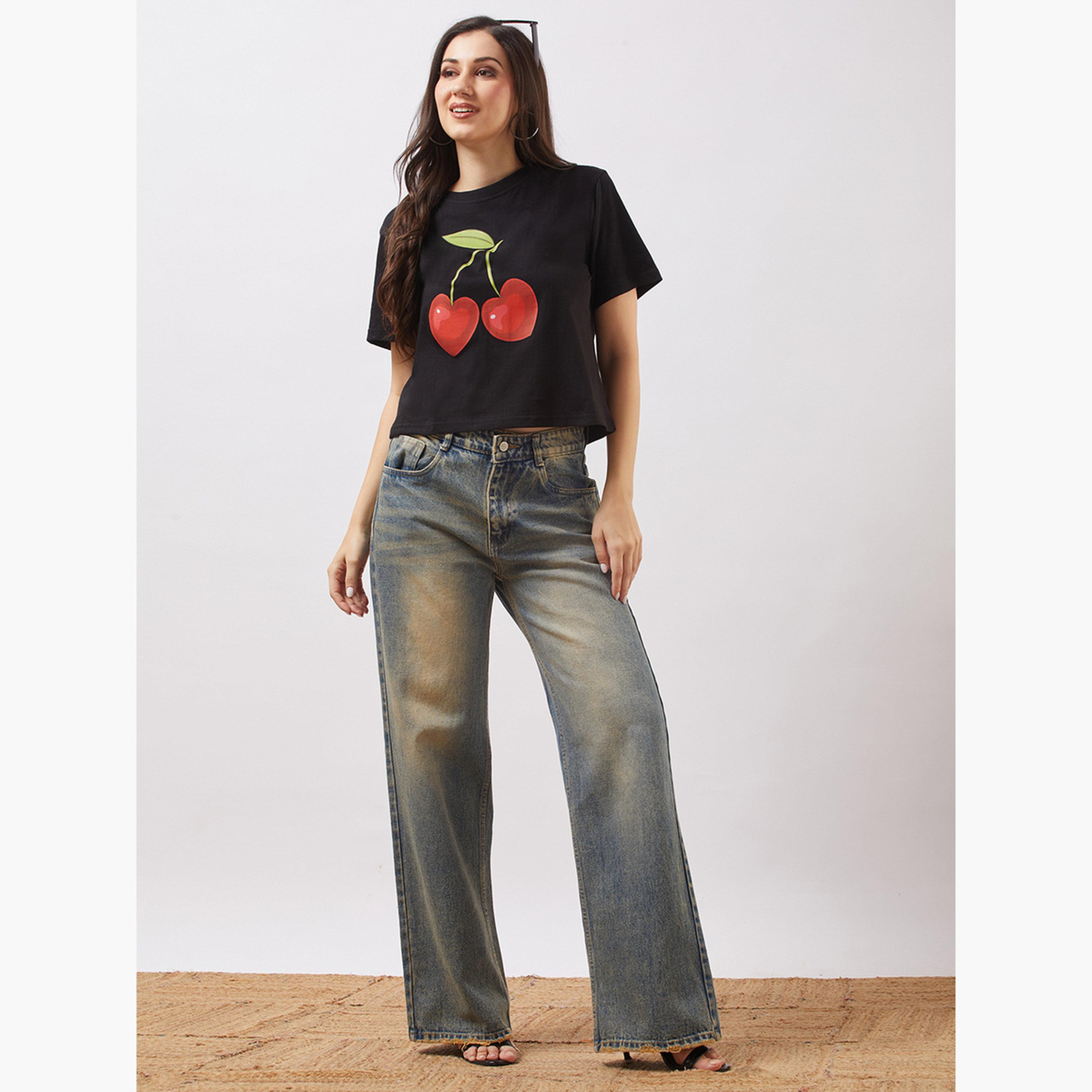 غلوبوس × ستايلي - تي شيرت قصير أسود نقشة جرافيكية تصميم واسع للنساء-women-clothing-tshirts-image-2