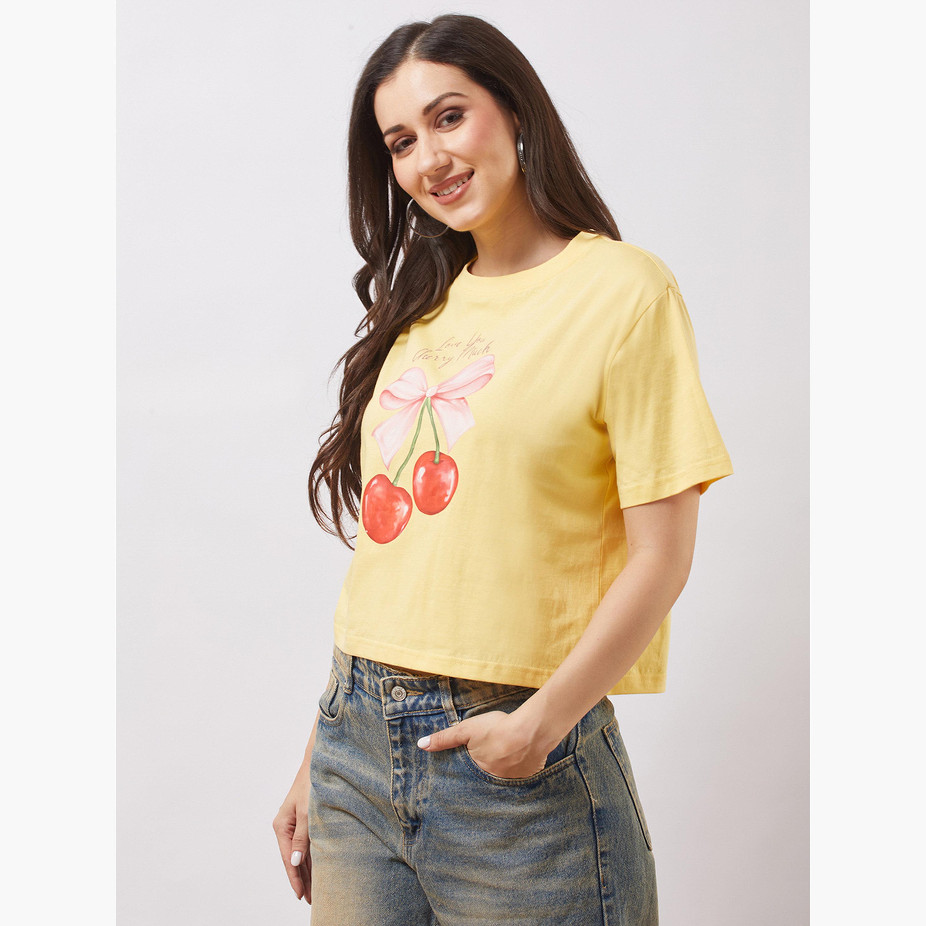غلوبوس × ستايلي - تي شيرت أصفر نقشة جرافيكية تصميم واسع للنساء-women-clothing-tshirts-image-1