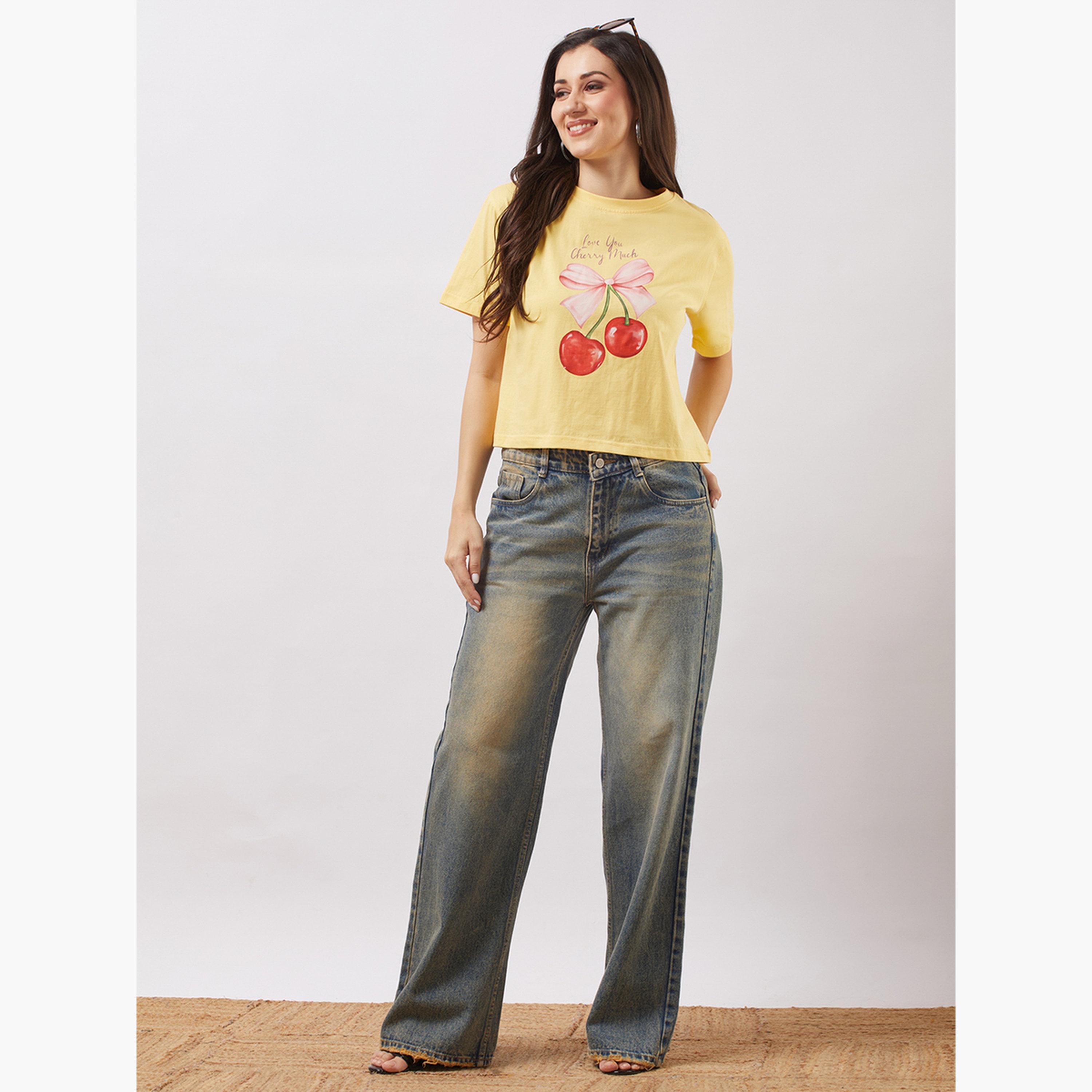 Globus X Styli Women Yellow Graphic Print Oversized Crop T-Shirt-women-clothing-tshirts-image-2