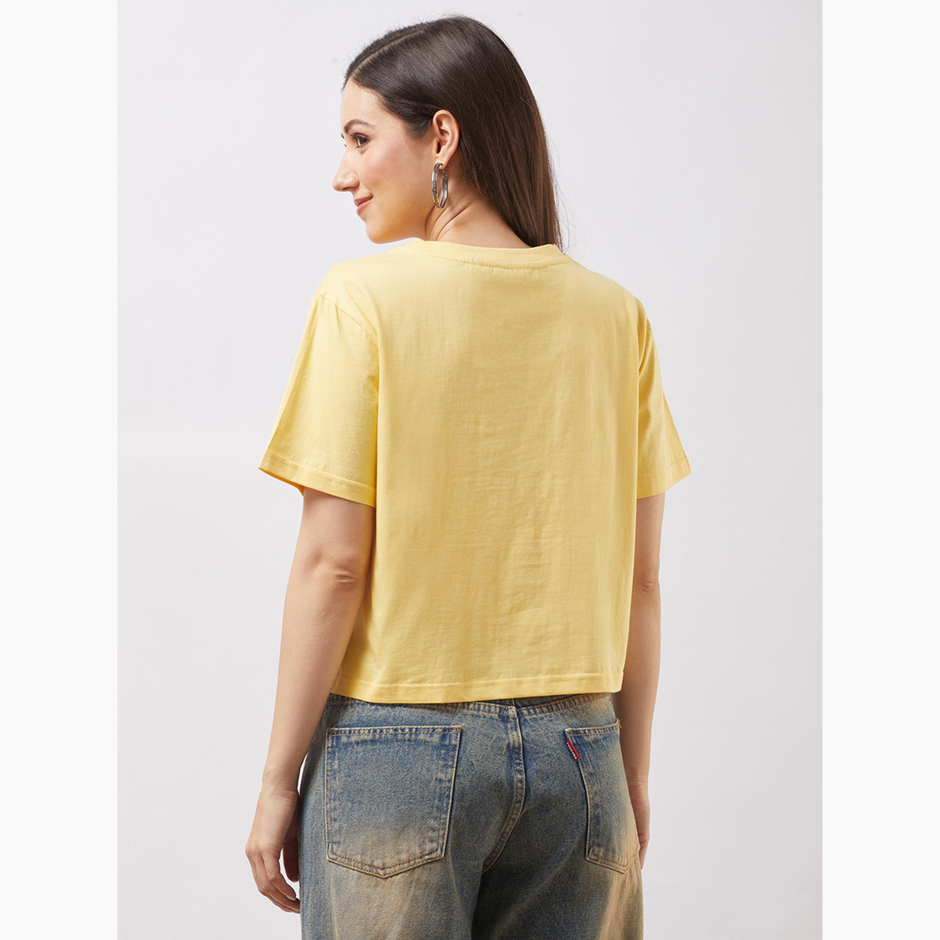 Globus X Styli Women Yellow Graphic Print Oversized Crop T-Shirt-women-clothing-tshirts-image-3