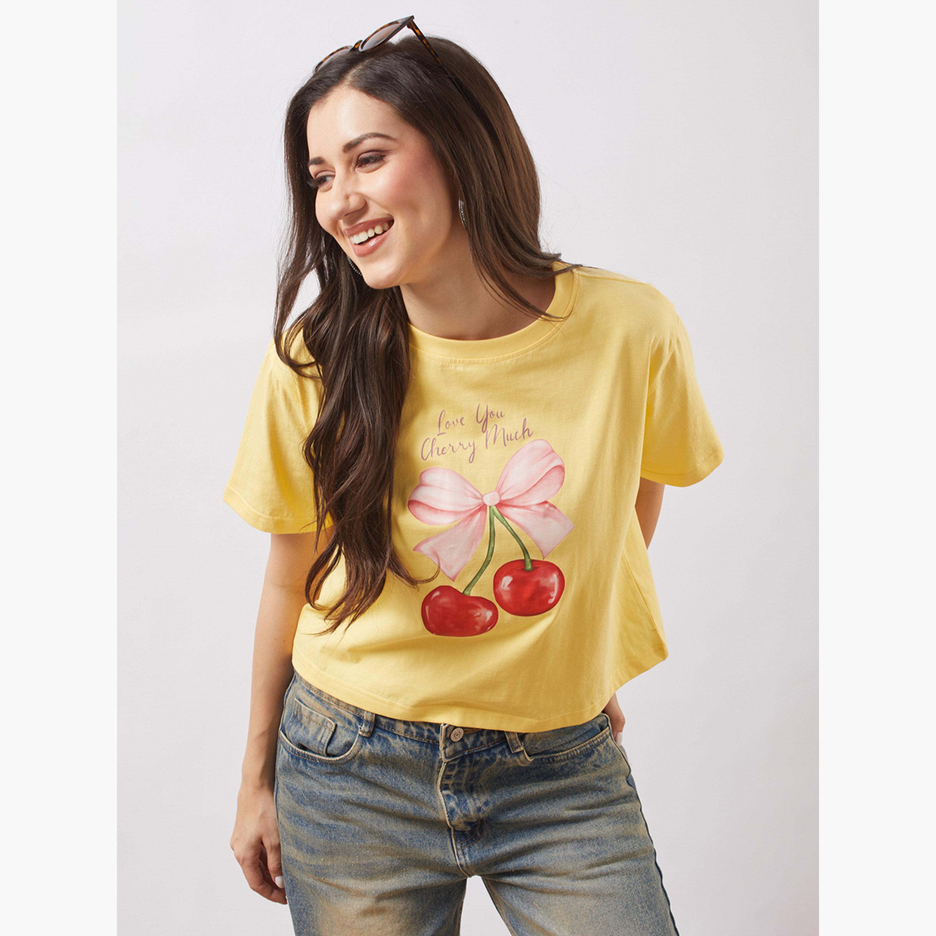 غلوبوس × ستايلي - تي شيرت أصفر نقشة جرافيكية تصميم واسع للنساء-women-clothing-tshirts-image-5