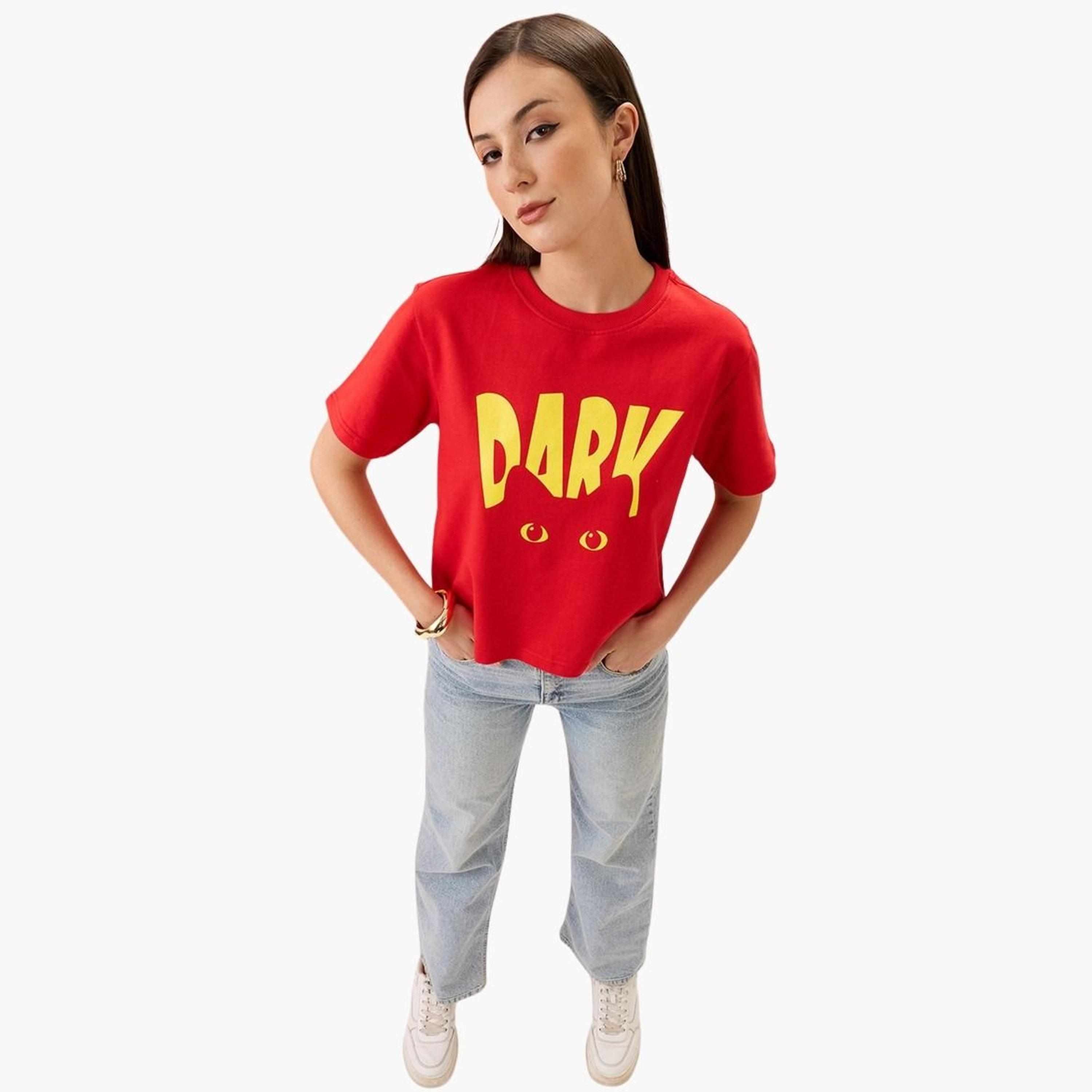 Globus X Styli Women Red Graphic Print Round Neck Boxy Fit T-Shirt-women-clothing-tshirts-image-2