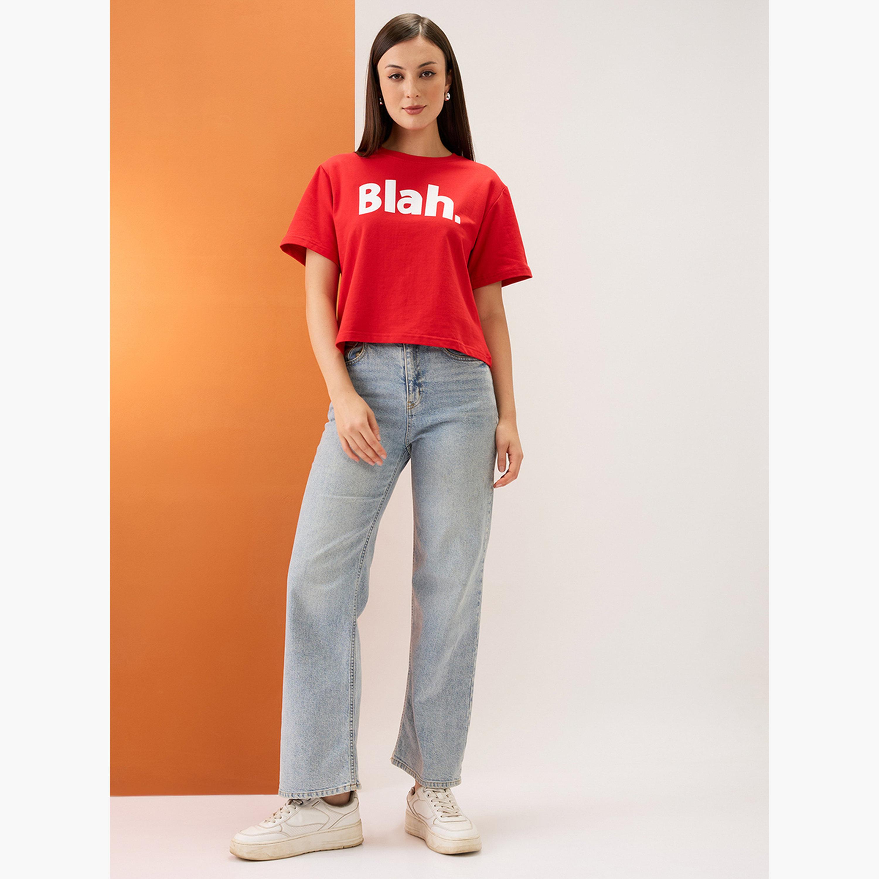 Globus X Styli Red Slogan Print Round Neck Boxy Fit T-Shirt-women-clothing-tshirts-image-2