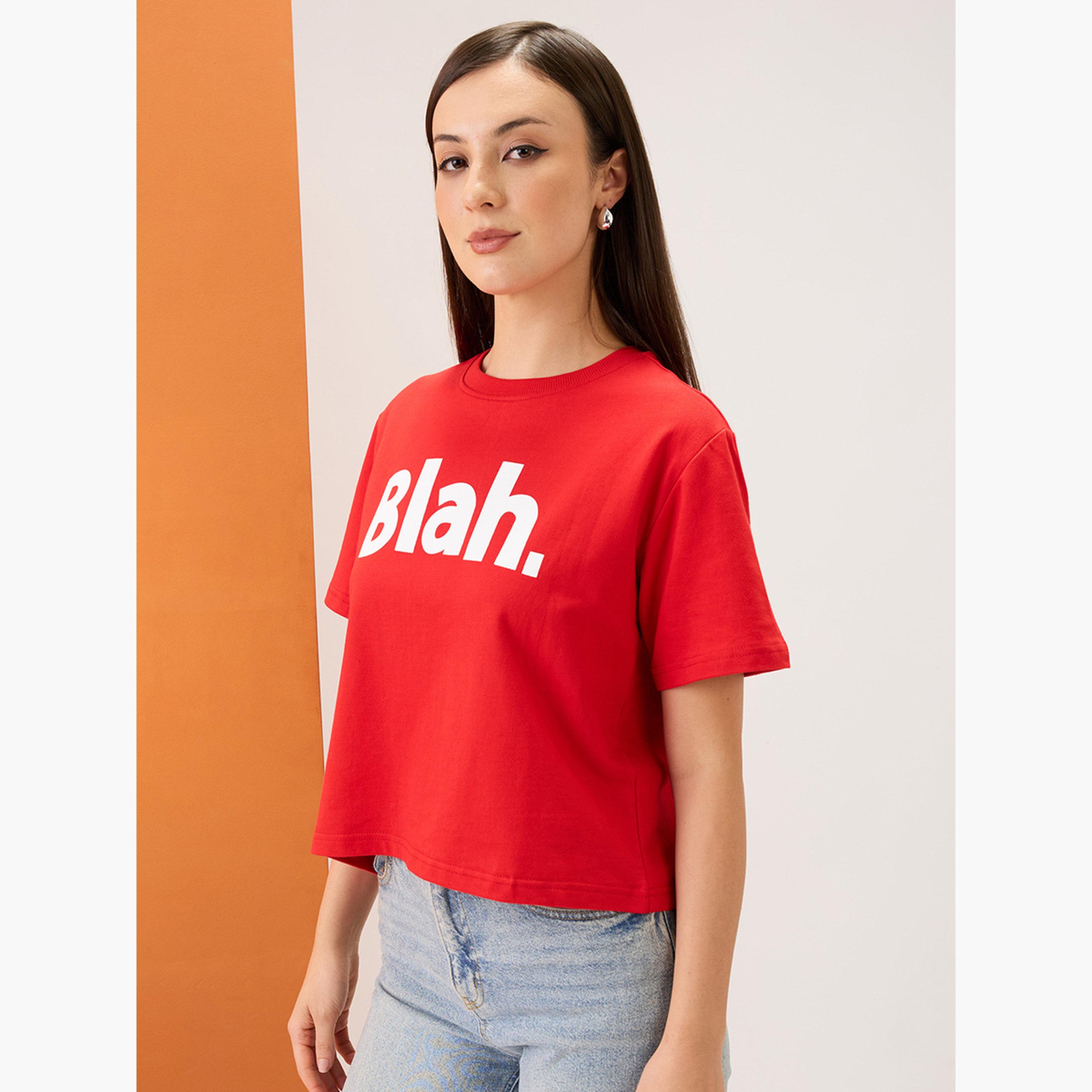 غلوبوص × ستايلي - تي شيرت أحمر طبعة شعار، برقبة دائرية، وقصة مربعة-women-clothing-tshirts-image-3