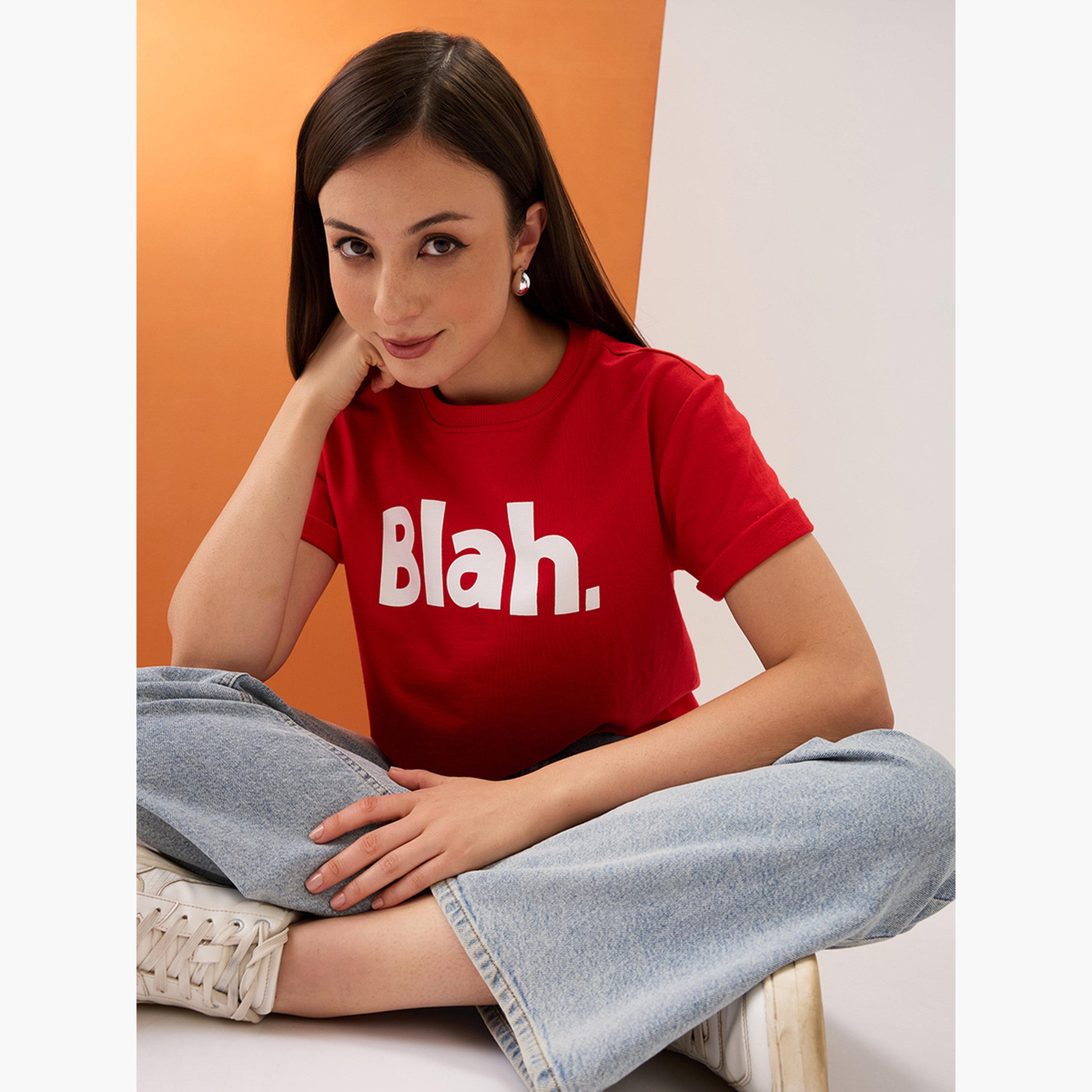 Globus X Styli Red Slogan Print Round Neck Boxy Fit T-Shirt-women-clothing-tshirts-image-5