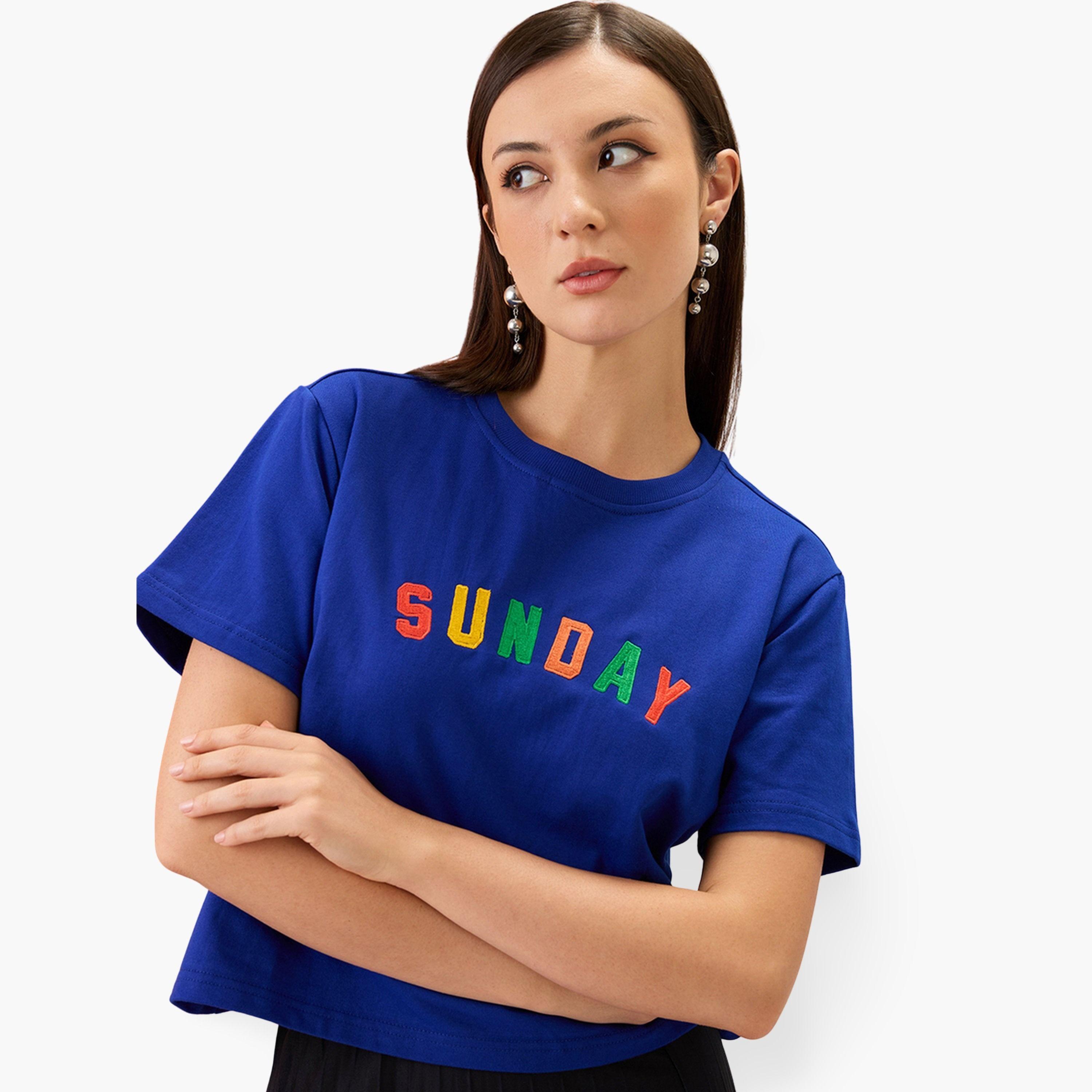 Globus X Styli Blue Embroidered Slogan Boxy Fit Crop T-Shirt-women-clothing-tshirts-image-1